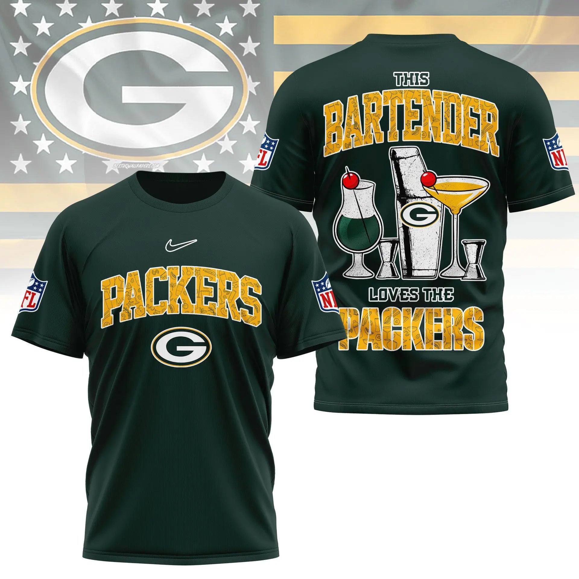 Green Bay Packers | Premium NFL Bartender Fan 3D Shirt NY – HuddleStyle.com - Image 3