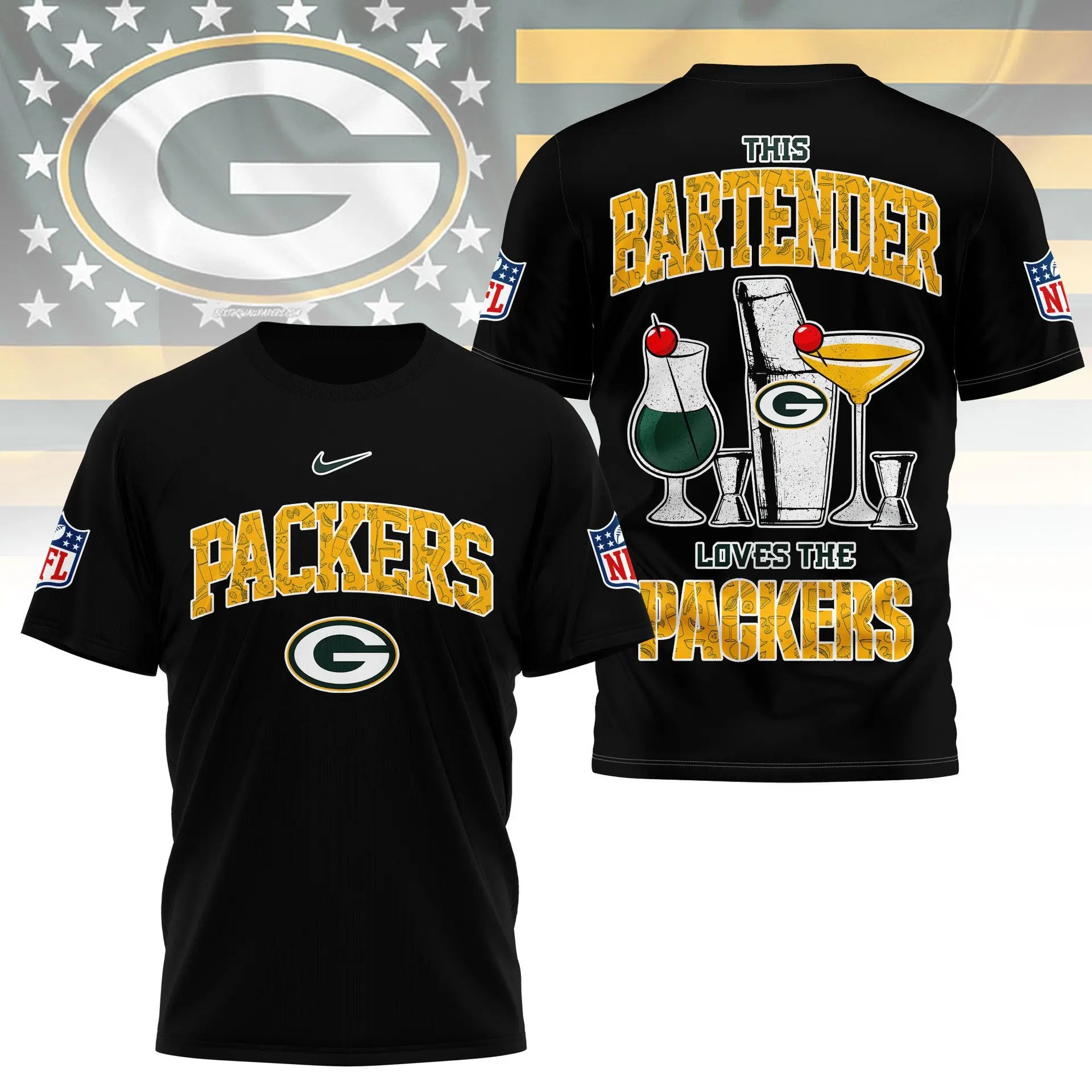 Green Bay Packers | Premium NFL Bartender Fan 3D Shirt NY – HuddleStyle.com - Image 3