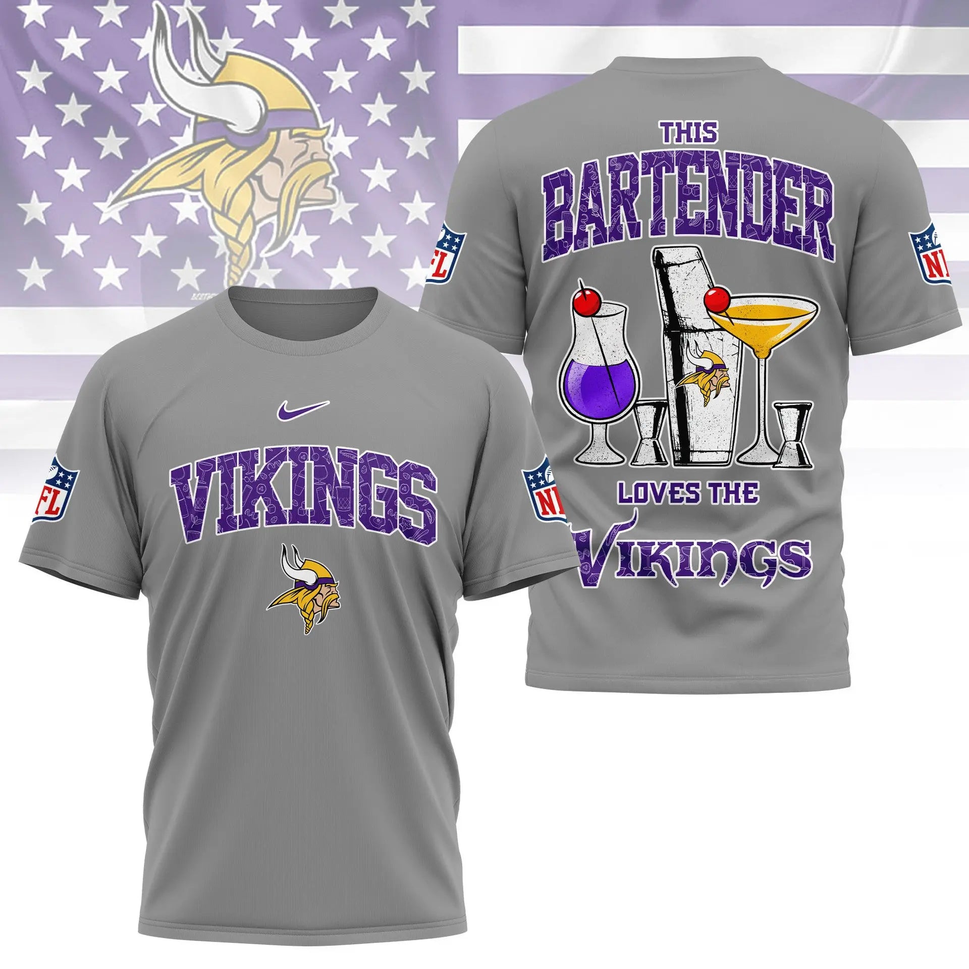Minnesota Vikings | Premium NFL Bartender Fan 3D Shirt NY – HuddleStyle.com - Image 3