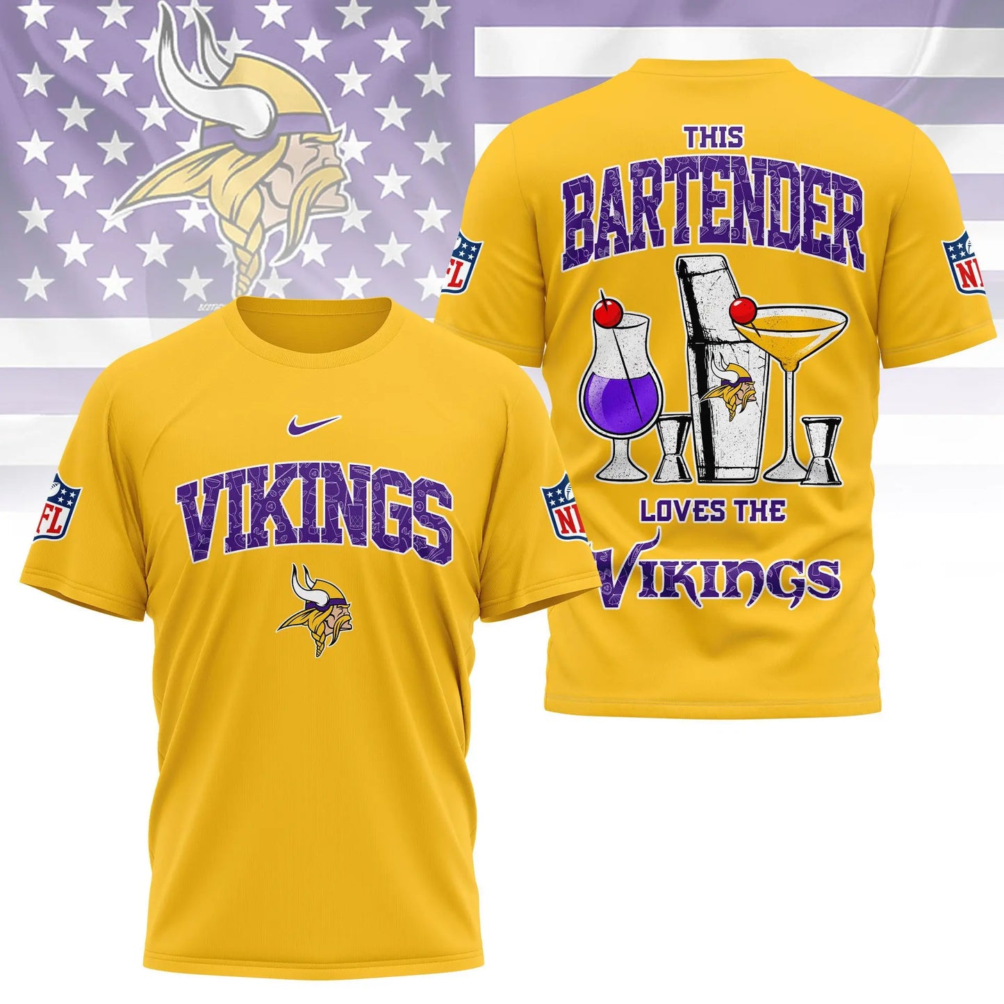 Minnesota Vikings | Premium NFL Bartender Fan 3D Shirt NY – HuddleStyle.com - Main