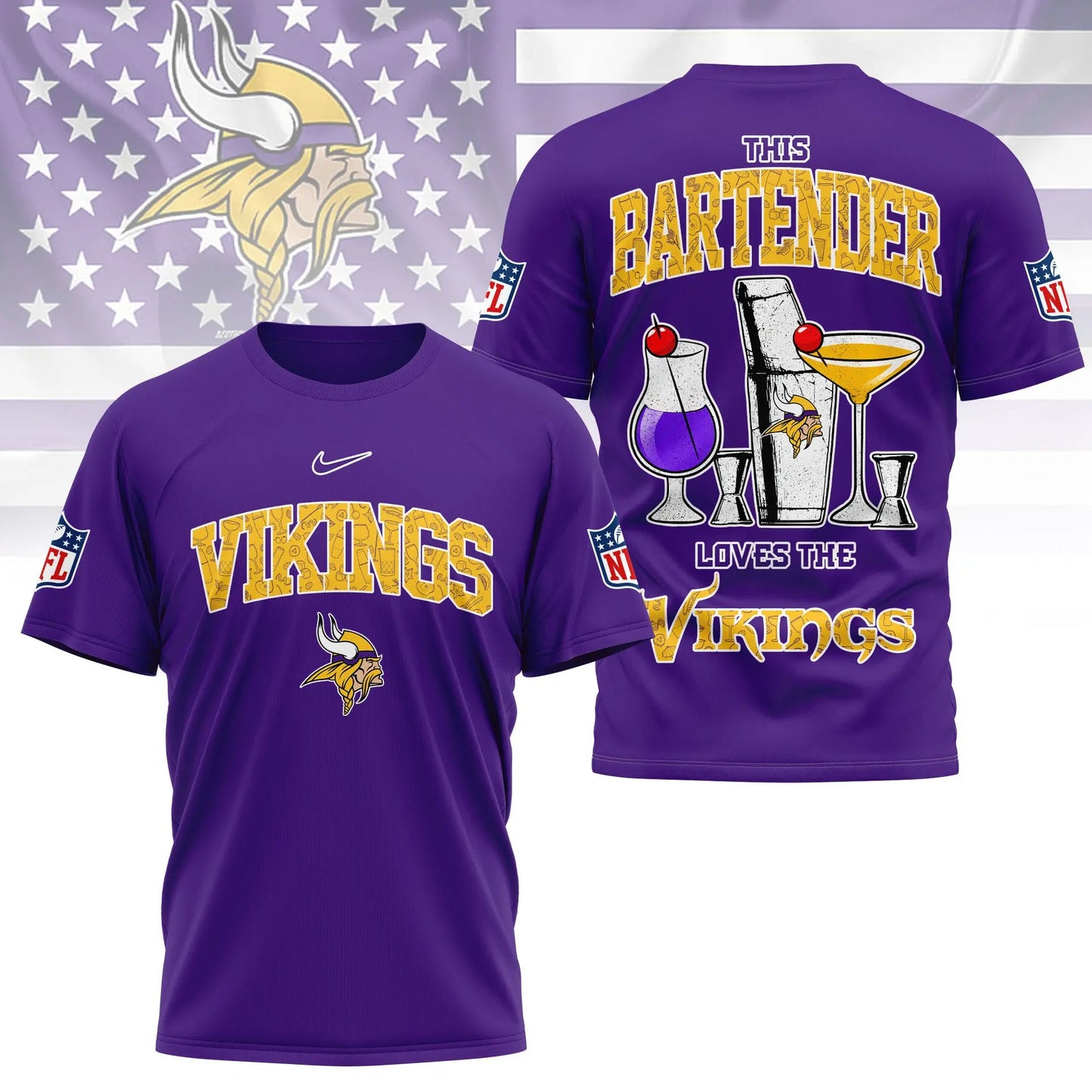 Minnesota Vikings | Premium NFL Bartender Fan 3D Shirt NY – HuddleStyle.com - Image 2