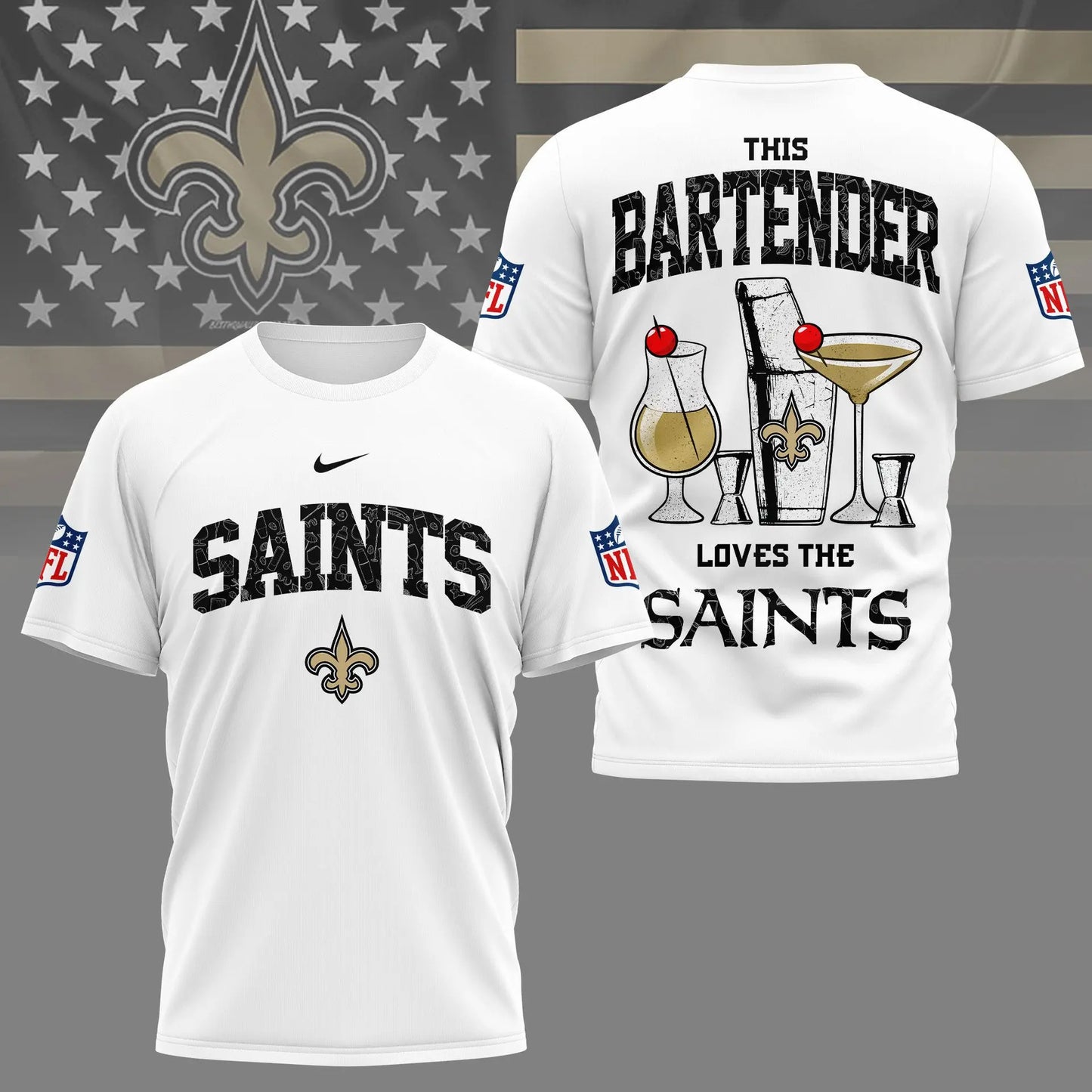 New Orleans Saints | Premium NFL Bartender Fan 3D Shirt NY – HuddleStyle.com - Image 2
