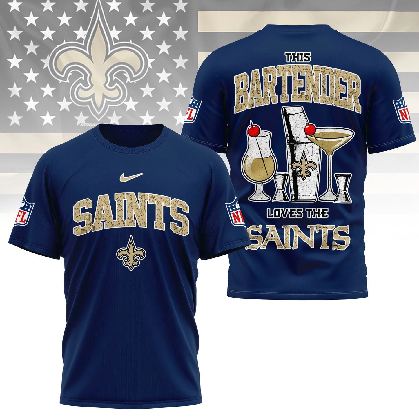 New Orleans Saints | Premium NFL Bartender Fan 3D Shirt NY – HuddleStyle.com - Main