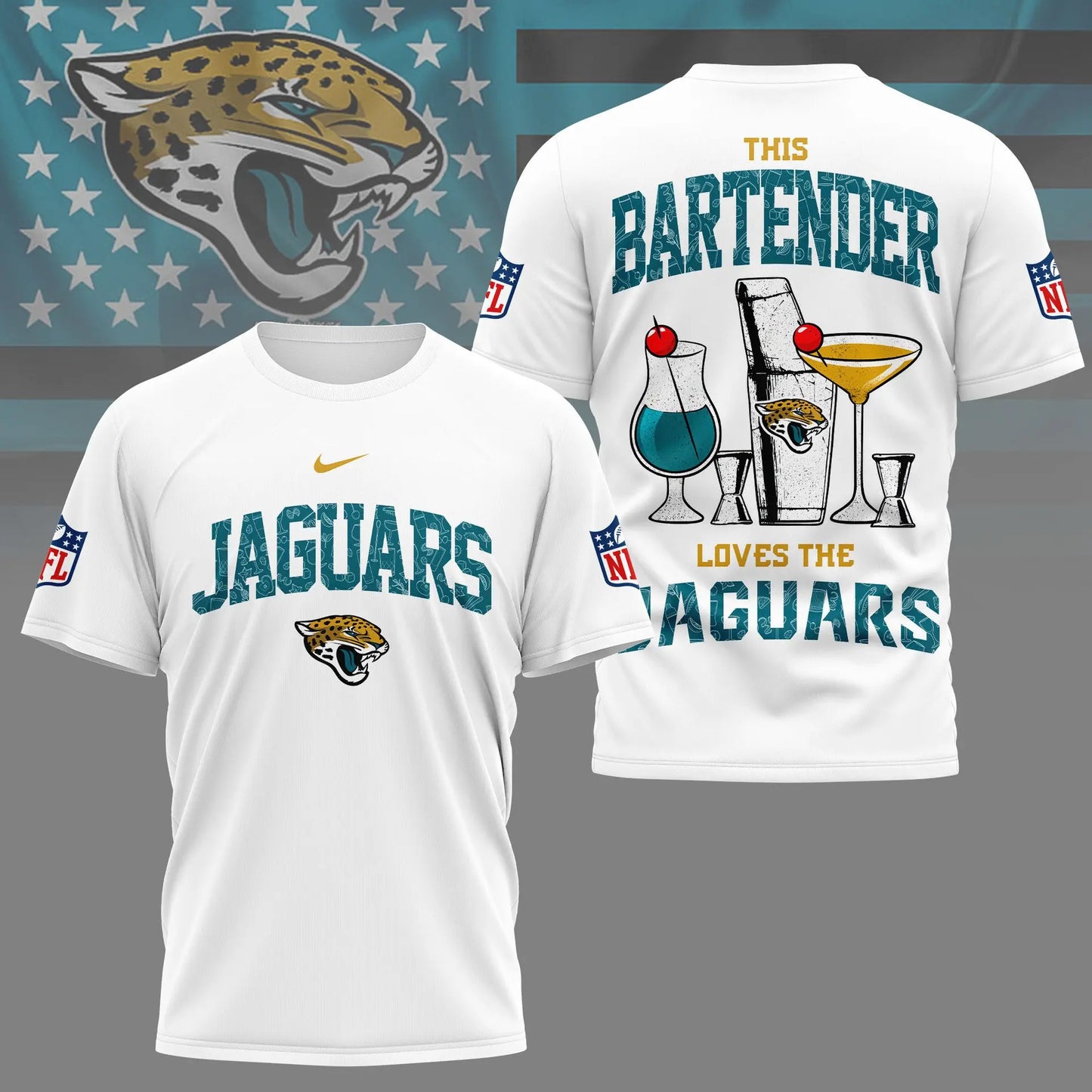 Jacksonville Jaguars | Premium NFL Bartender Fan 3D Shirt NY – HuddleStyle.com - Main