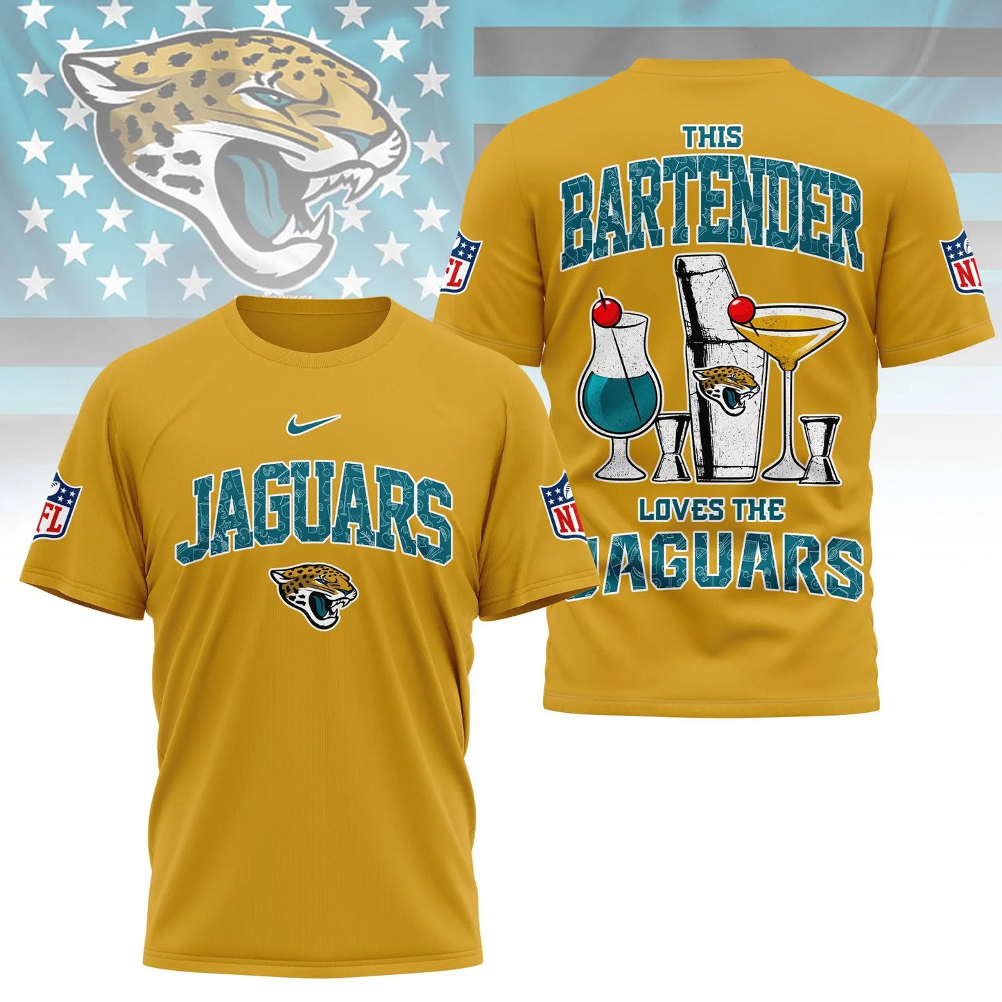 Jacksonville Jaguars | Premium NFL Bartender Fan 3D Shirt NY – HuddleStyle.com - Main