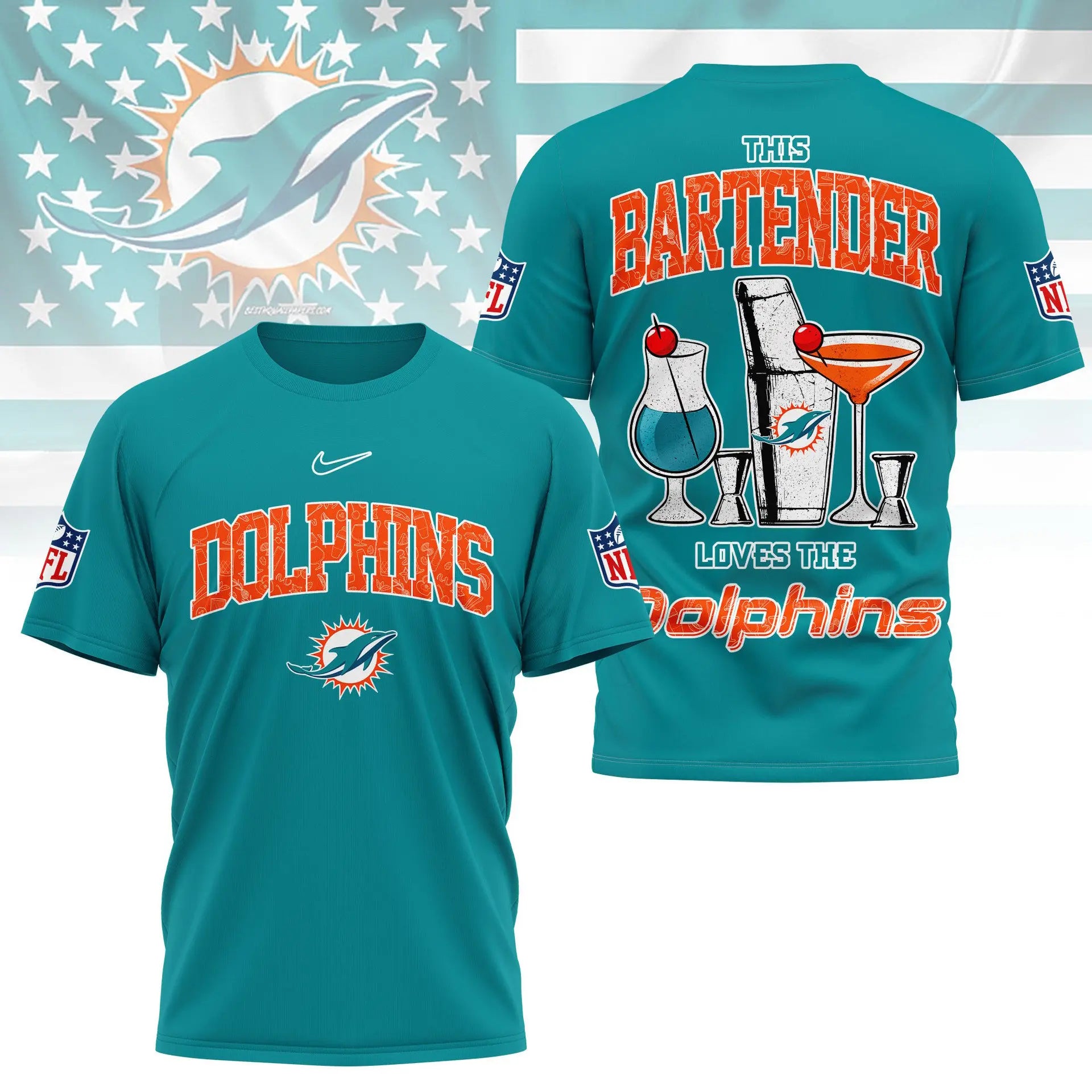 Miami Dolphins | Premium NFL Bartender Fan 3D Shirt NY – HuddleStyle.com - Main