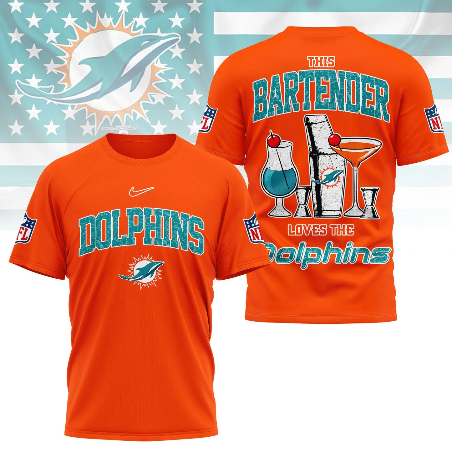 Miami Dolphins | Premium NFL Bartender Fan 3D Shirt NY – HuddleStyle.com - Image 3