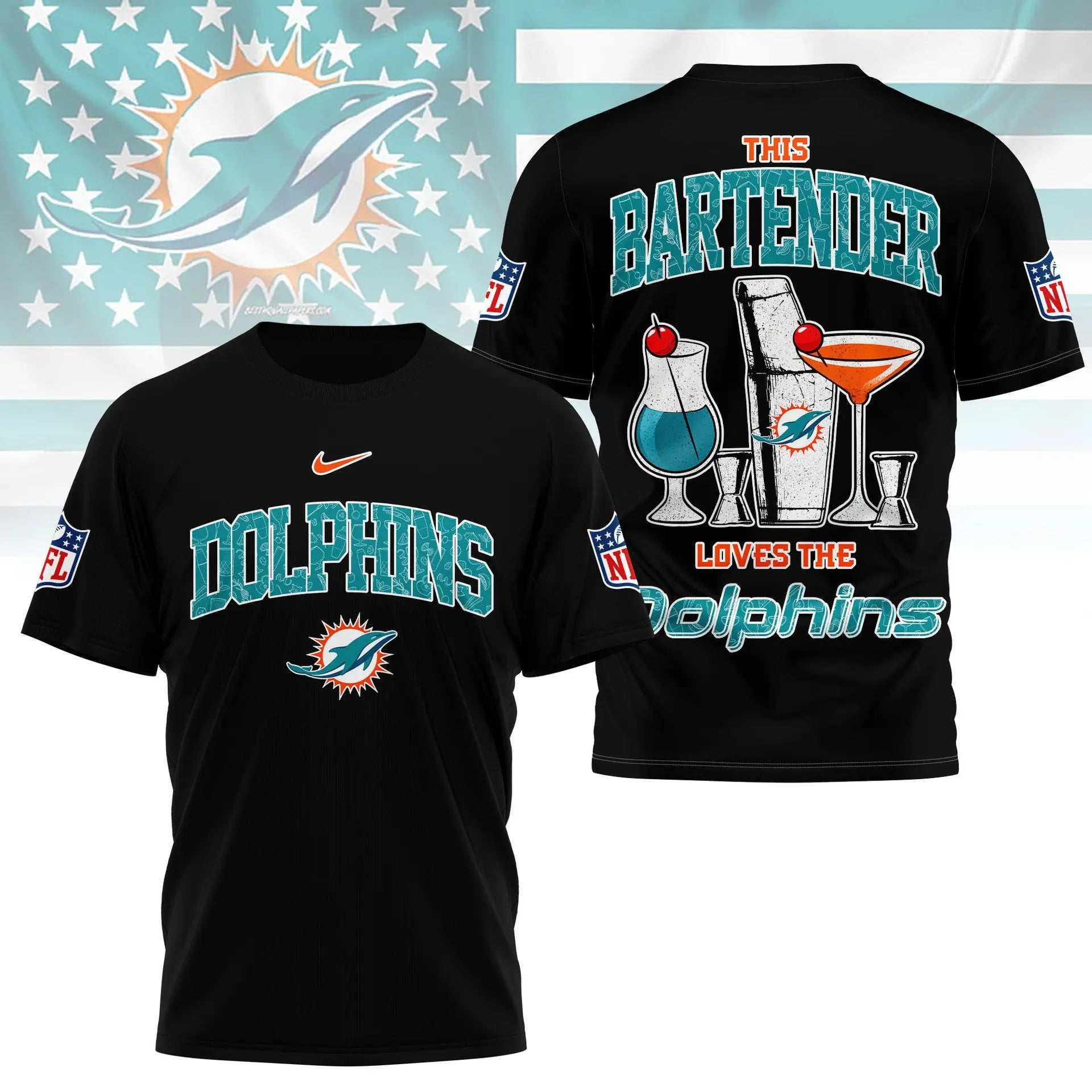Miami Dolphins | Premium NFL Bartender Fan 3D Shirt NY – HuddleStyle.com - Image 3