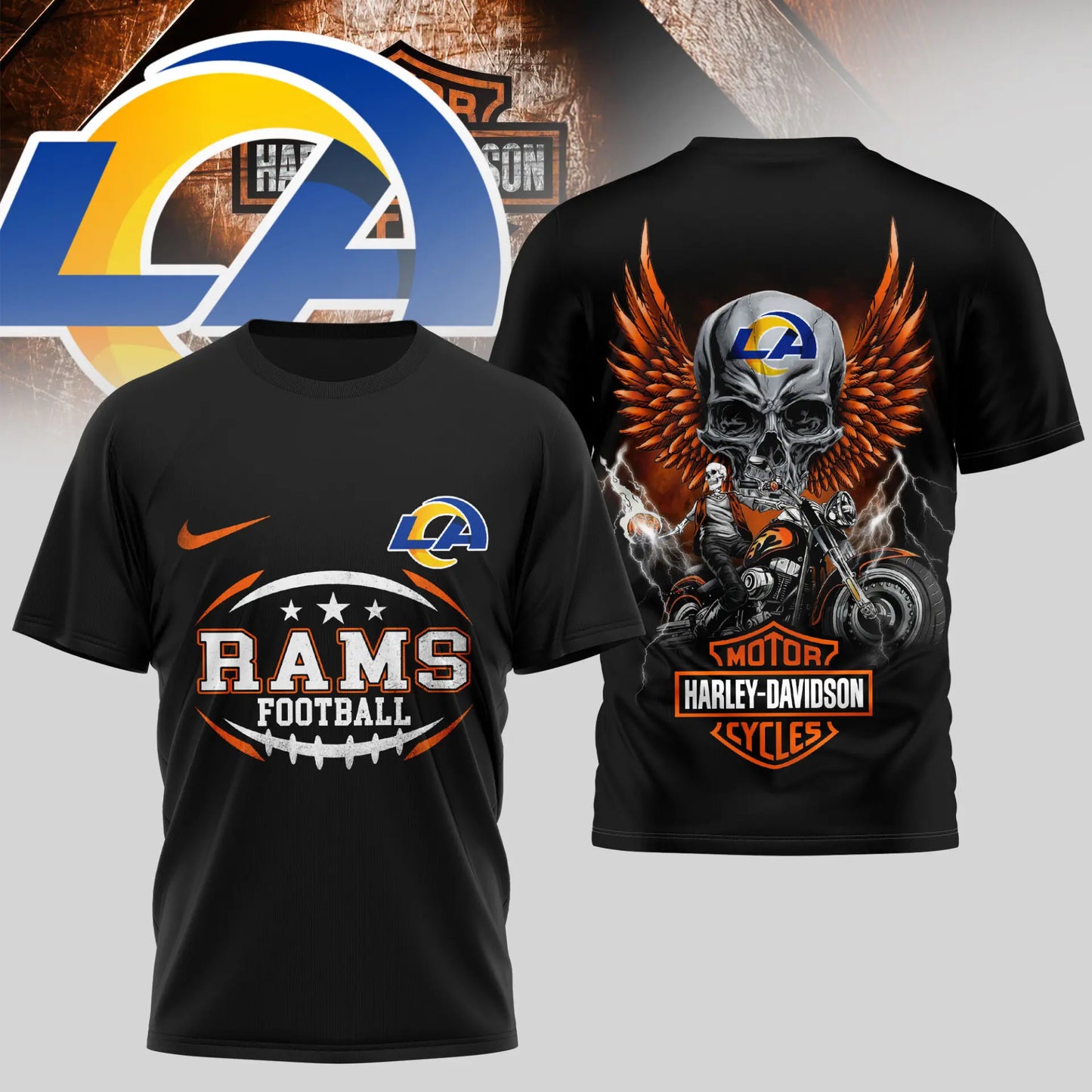 Los Angeles Rams | Premium NFL Harley Davidson 3D Shirt TD – HuddleStyle.com - Main