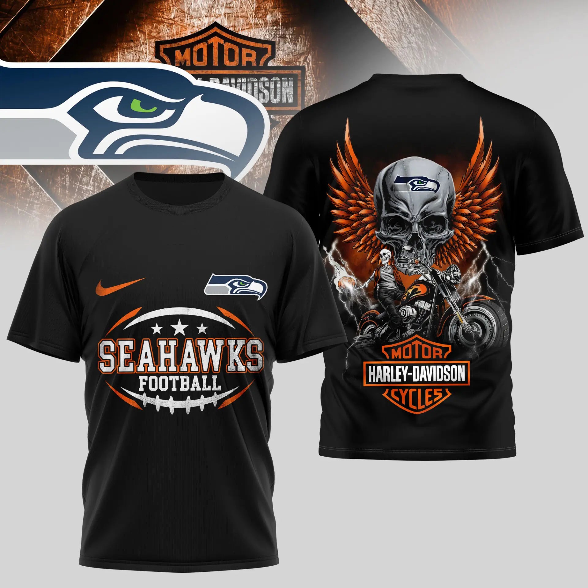 Seattle Seahawks | Premium NFL Harley Davidson 3D Shirt TD – HuddleStyle.com - Image 2