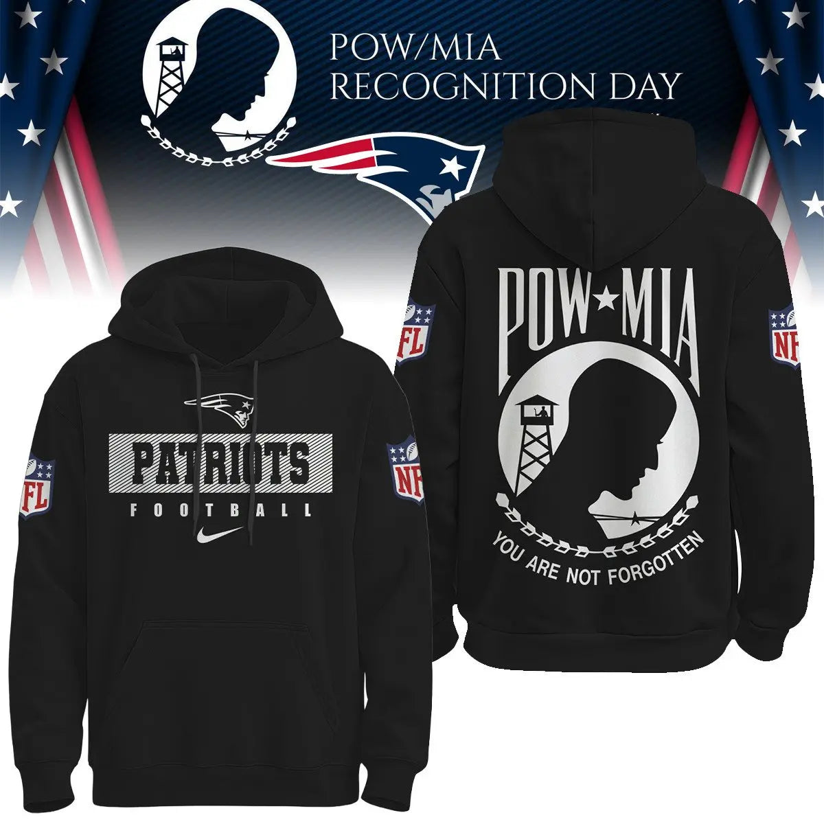 New England Patriots | Premium NFL Pow Mia Hoodie TD – HuddleStyle.com - Main