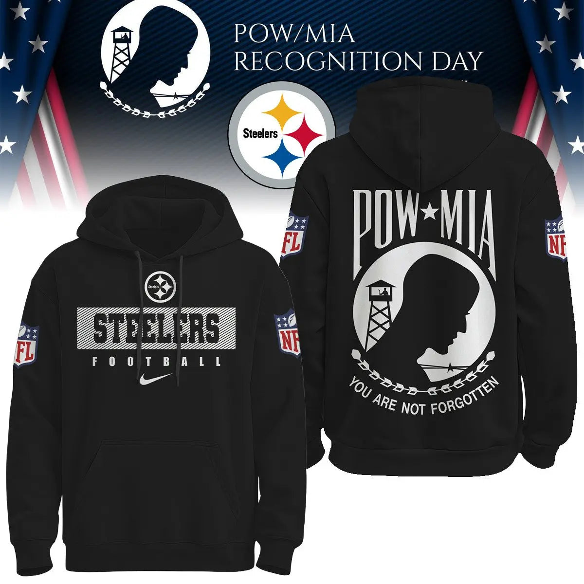 Pittsburgh Steelers | Premium NFL Pow Mia Hoodie TD – HuddleStyle.com - Main