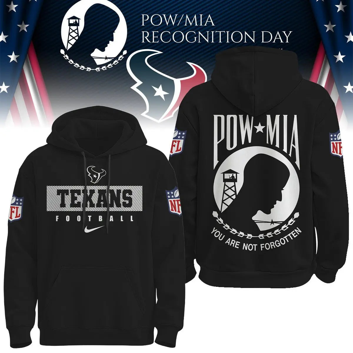 Houston Texans | Premium NFL Pow Mia Hoodie TD – HuddleStyle.com - Image 2