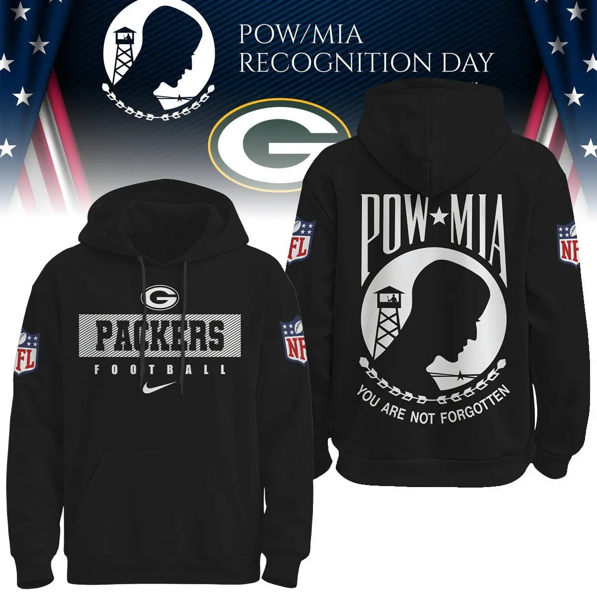 Green Bay Packers | Premium NFL Pow Mia Hoodie TD – HuddleStyle.com - Image 2
