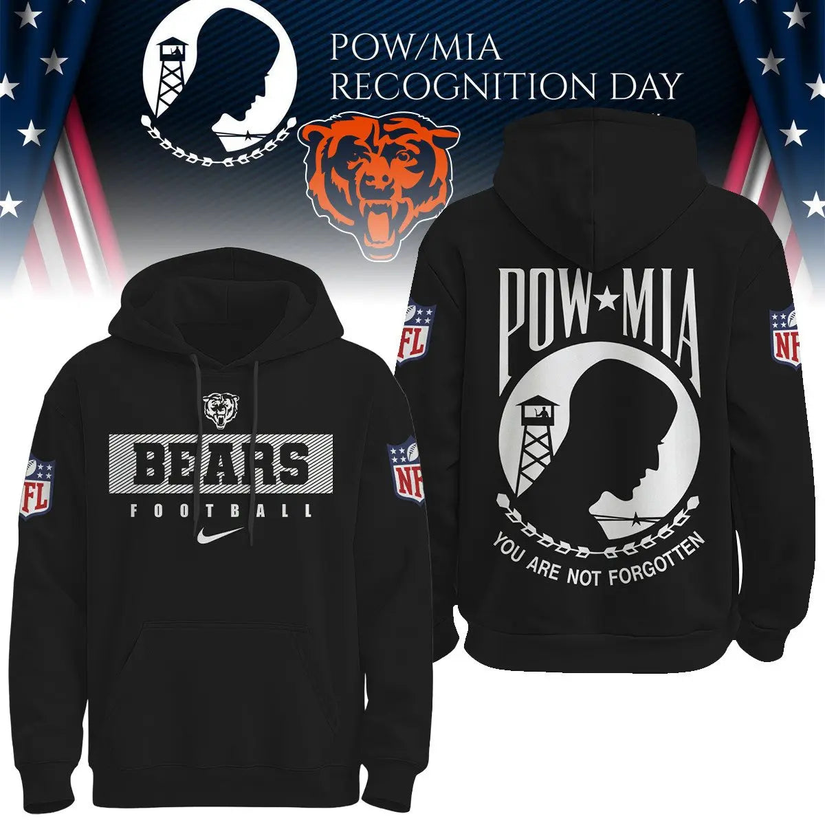 Chicago Bears | Premium NFL Pow Mia Hoodie TD – HuddleStyle.com - Image 2