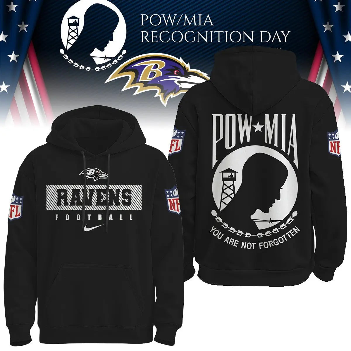 Baltimore Ravens | Premium NFL Pow Mia Hoodie TD – HuddleStyle.com - Image 2