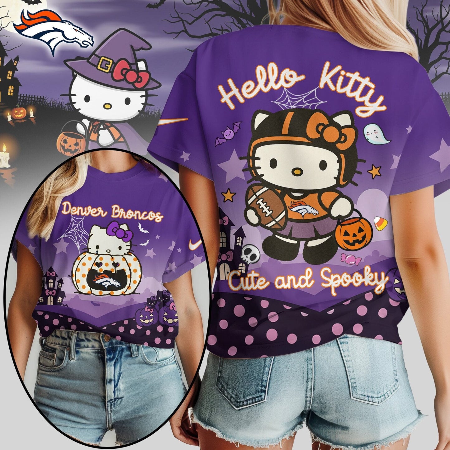 Denver Broncos | Premium NFL Hello Kitty Cute And Spooky Halloween Women Shirt NY – HuddleStyle.com - Image 2