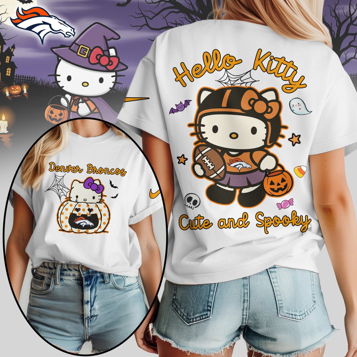 Denver Broncos | Premium NFL Hello Kitty Cute And Spooky Halloween Women Shirt NY – HuddleStyle.com - Main
