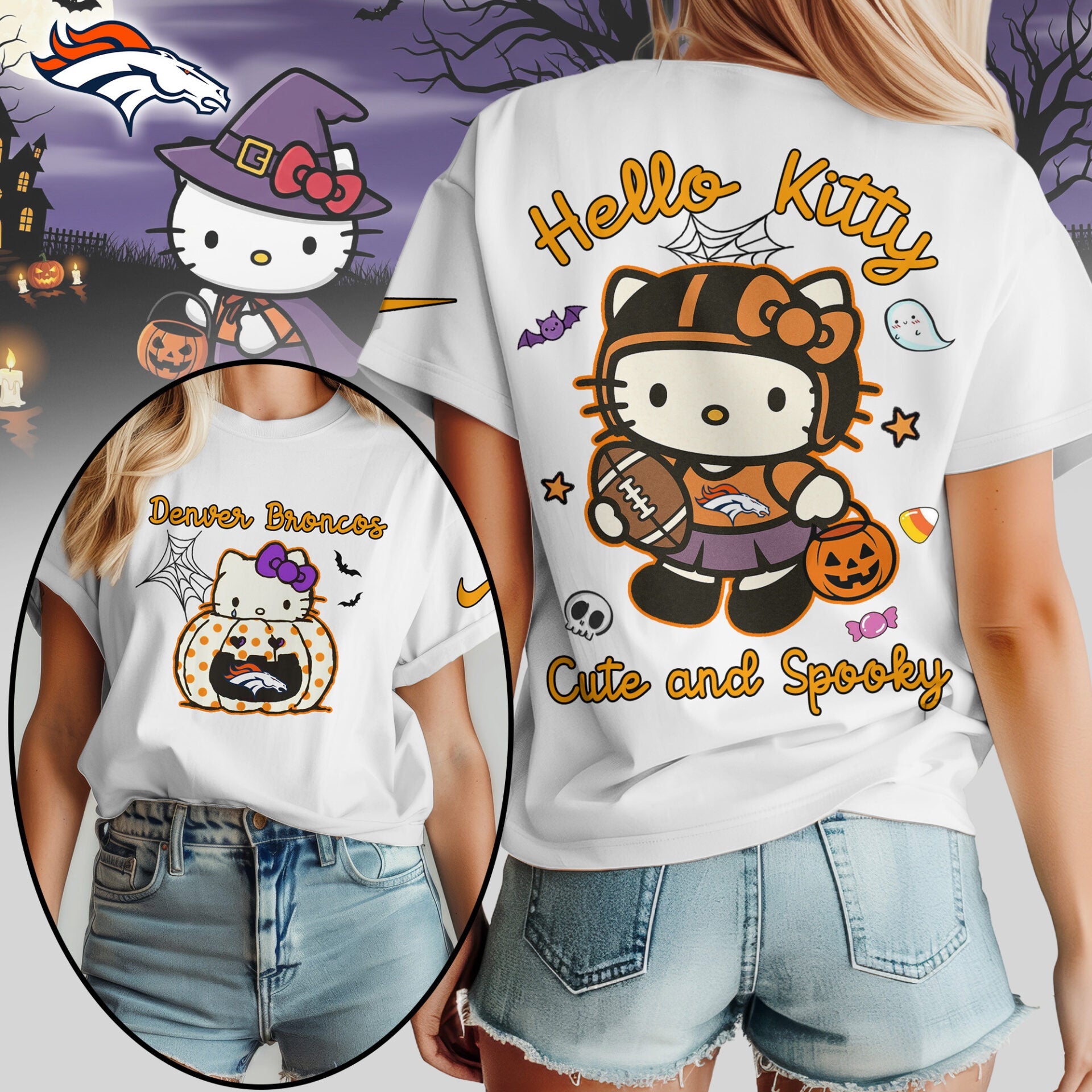 Denver Broncos | Premium NFL Hello Kitty Cute And Spooky Halloween Women Shirt NY – HuddleStyle.com - Main