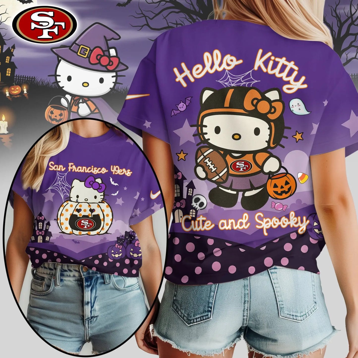 San Francisco 49ers | Premium NFL Hello Kitty Cute And Spooky Halloween Women Shirt NY – HuddleStyle.com - Image 3
