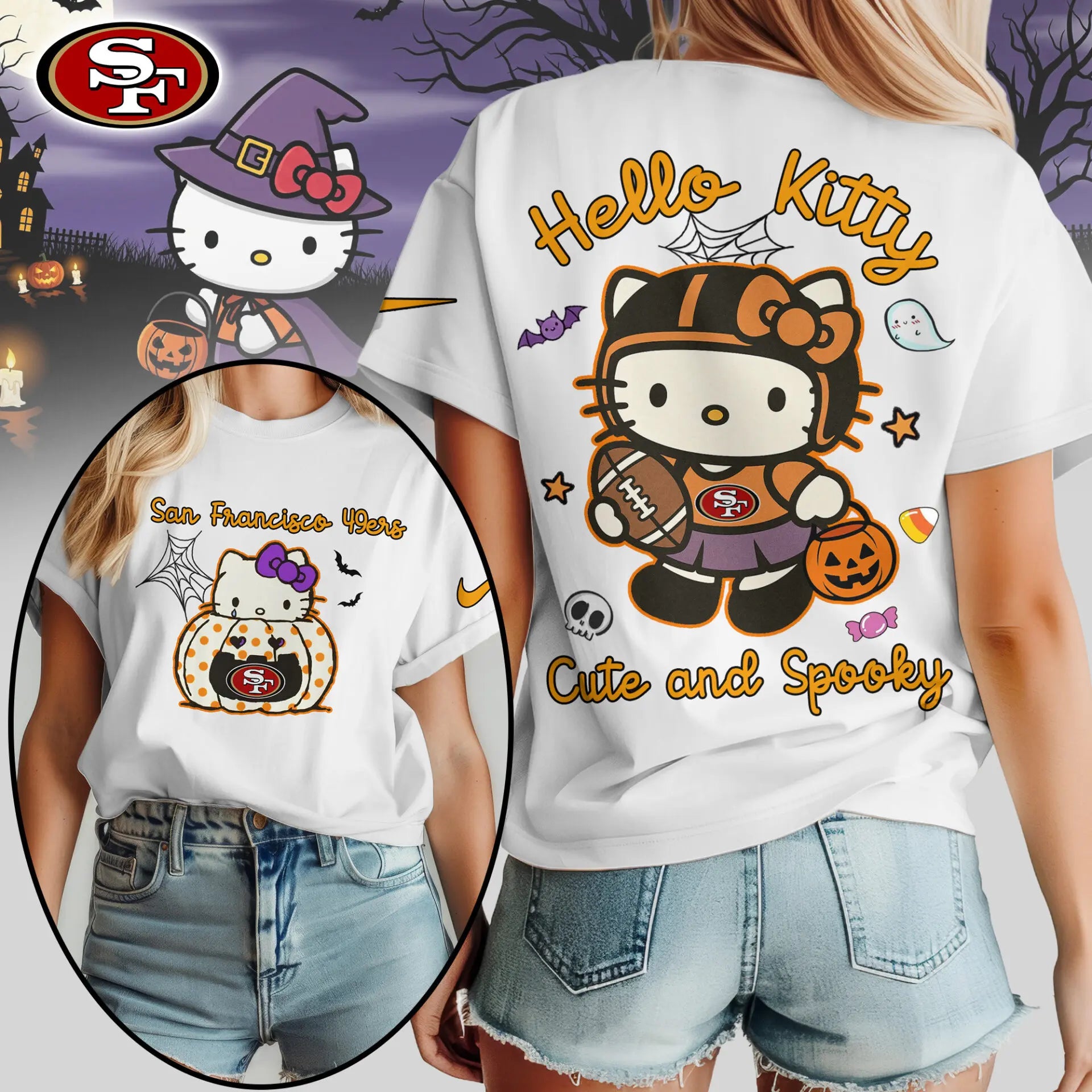 San Francisco 49ers | Premium NFL Hello Kitty Cute And Spooky Halloween Women Shirt NY – HuddleStyle.com - Main