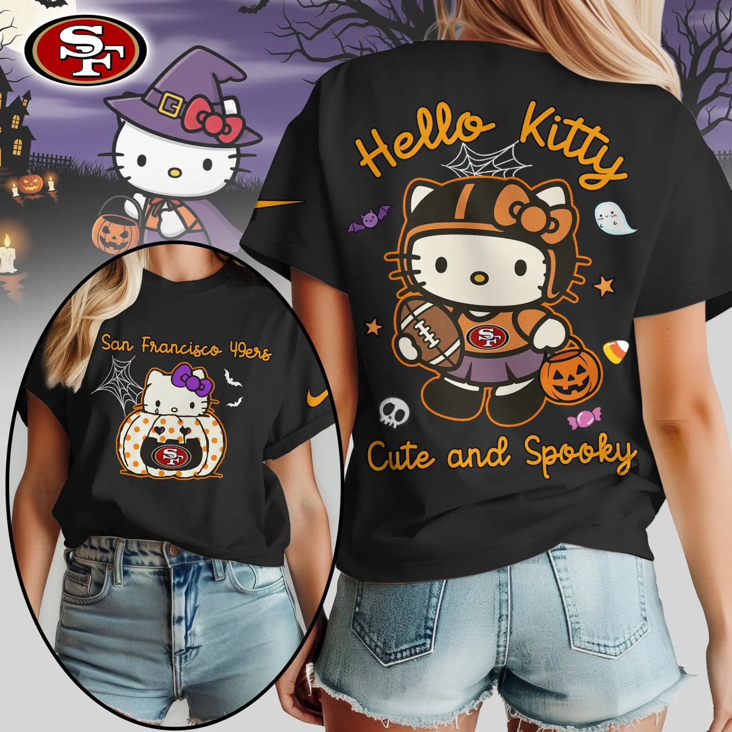 San Francisco 49ers | Premium NFL Hello Kitty Cute And Spooky Halloween Women Shirt NY – HuddleStyle.com - Image 2
