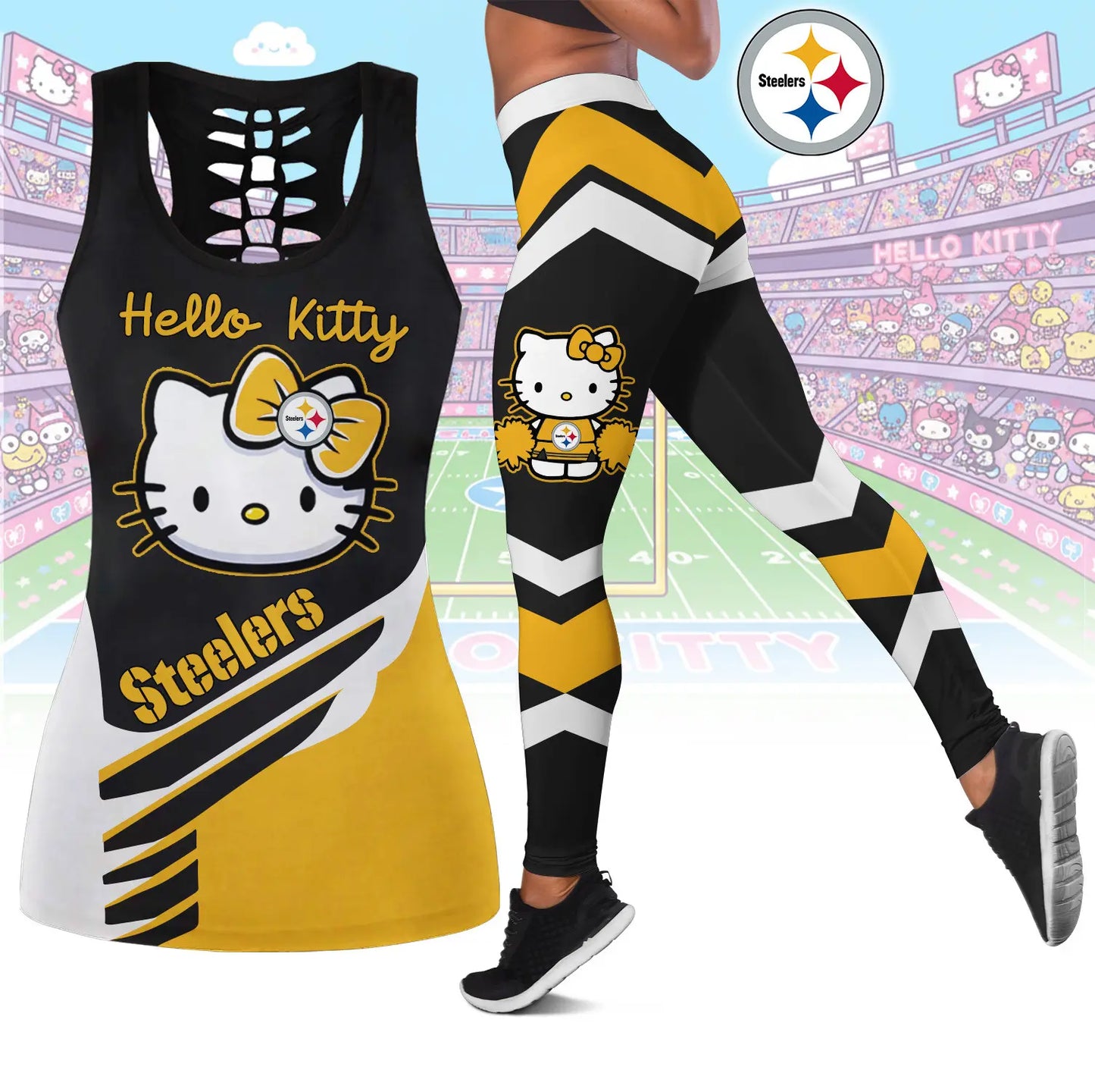 Pittsburgh Steelers | Premium NFL Hello Kitty Combo Leggings And Tanktop TD – HuddleStyle.com - Image 3