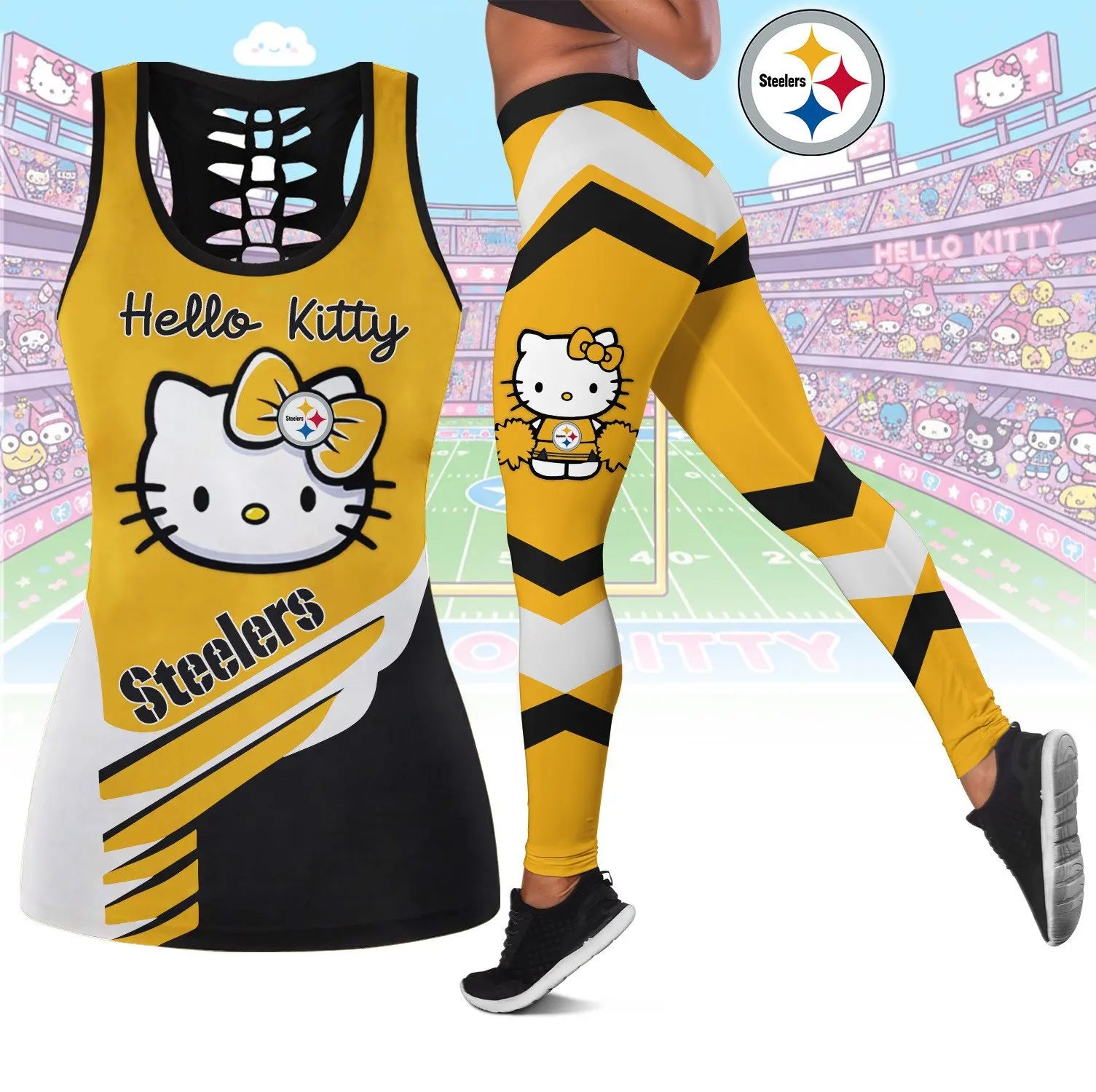 Pittsburgh Steelers | Premium NFL Hello Kitty Combo Leggings And Tanktop TD – HuddleStyle.com - Image 3