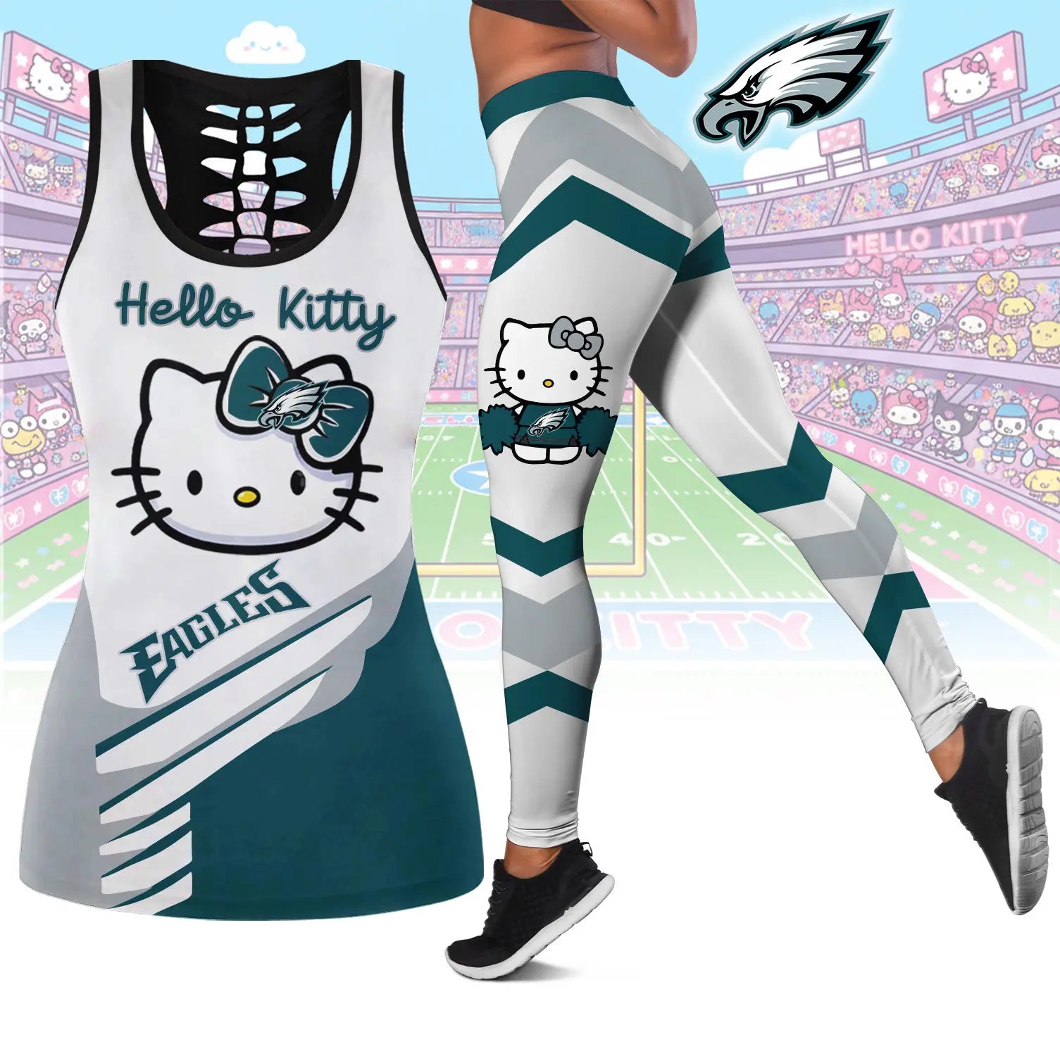 Philadelphia Eagles | Premium NFL Hello Kitty Combo Leggings And Tanktop TD – HuddleStyle.com - Image 2