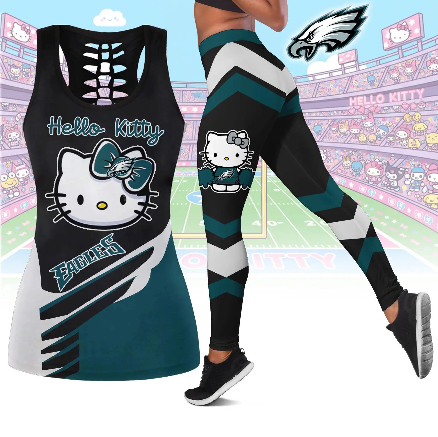 Philadelphia Eagles | Premium NFL Hello Kitty Combo Leggings And Tanktop TD – HuddleStyle.com - Image 2