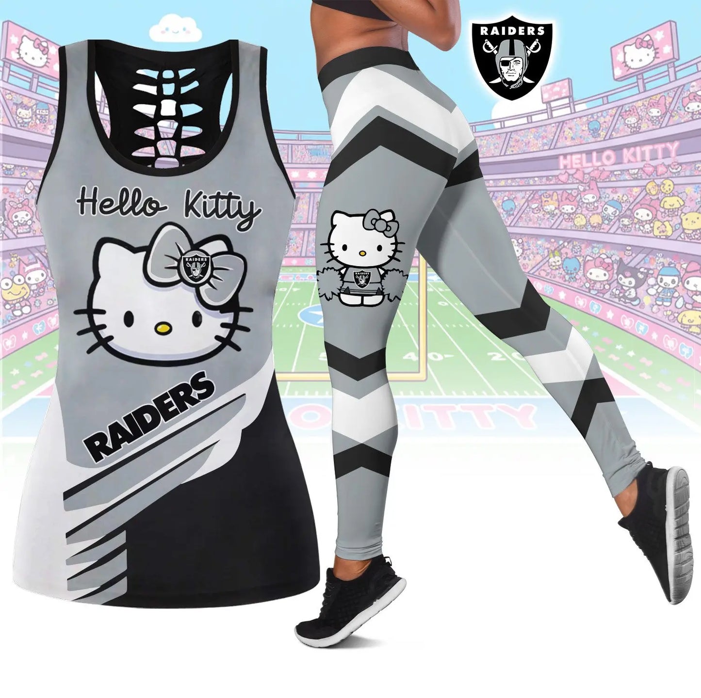 Las Vegas Raiders | Premium NFL Hello Kitty Combo Leggings And Tanktop TD – HuddleStyle.com - Image 2
