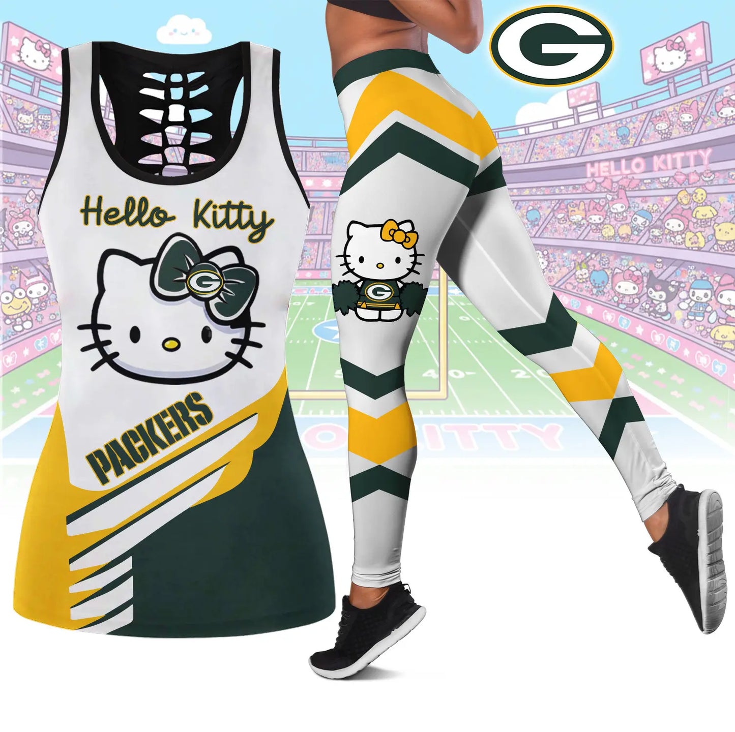 Green Bay Packers | Premium NFL Hello Kitty Combo Leggings And Tanktop TD – HuddleStyle.com - Image 2