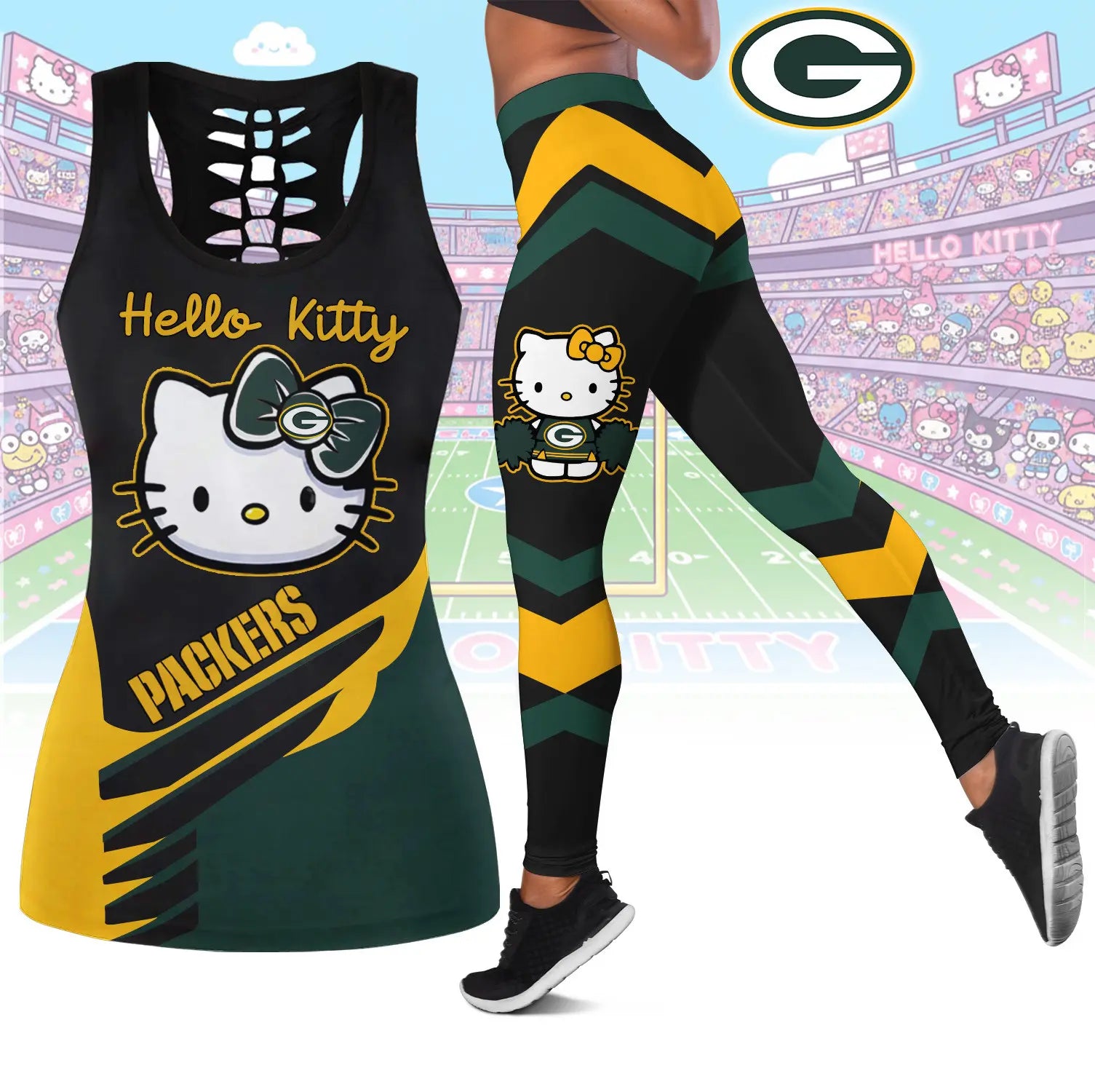 Green Bay Packers | Premium NFL Hello Kitty Combo Leggings And Tanktop TD – HuddleStyle.com - Main