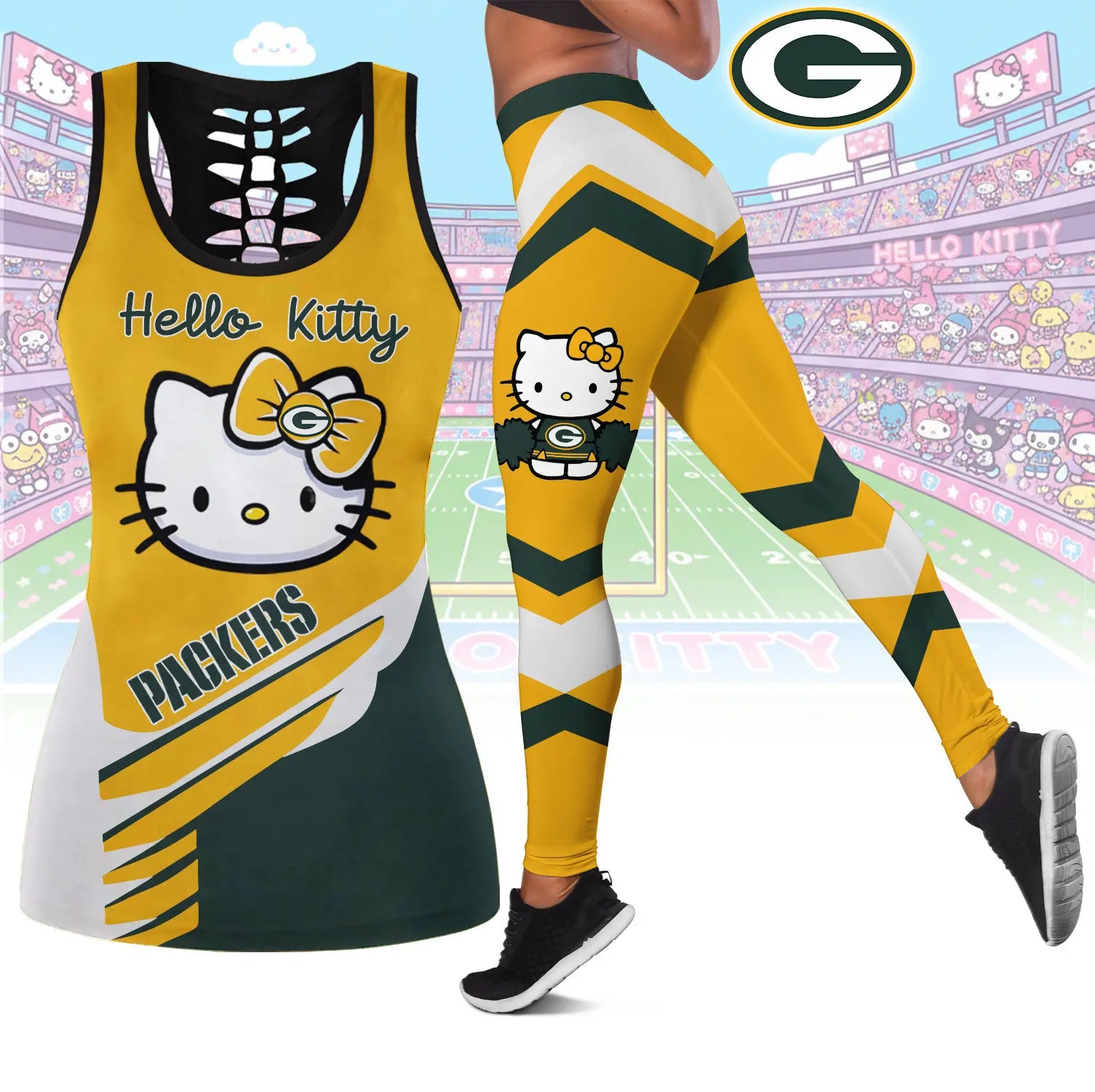 Green Bay Packers | Premium NFL Hello Kitty Combo Leggings And Tanktop TD – HuddleStyle.com - Image 2