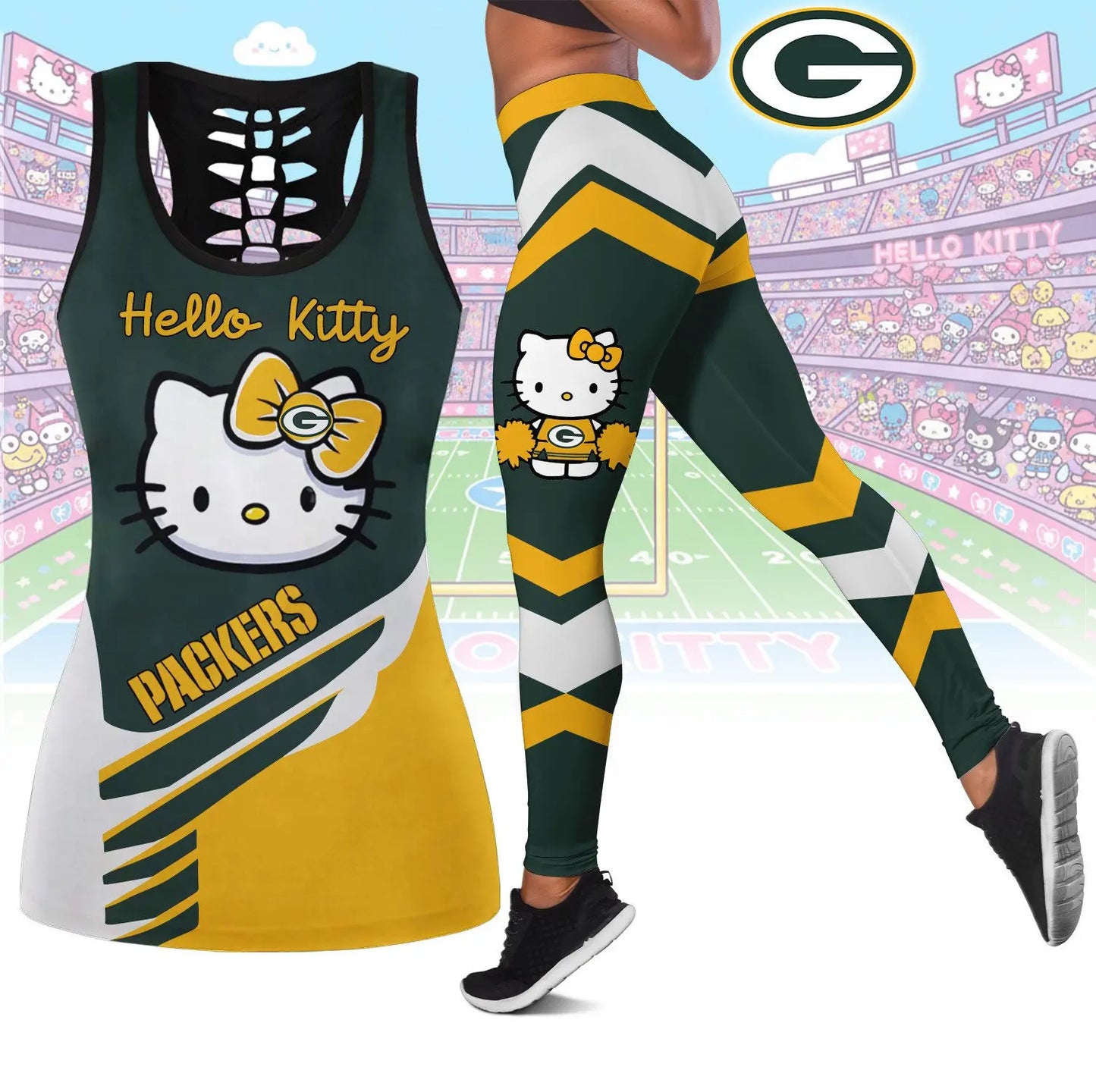 Green Bay Packers | Premium NFL Hello Kitty Combo Leggings And Tanktop TD – HuddleStyle.com - Image 3