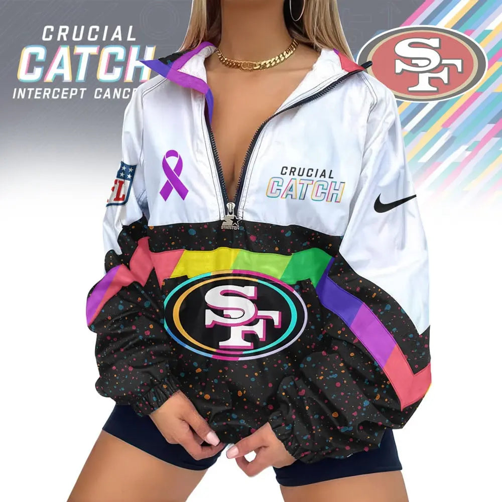 San Francisco 49ers | Premium Crucial Catch V-Neck Zipper Sweatshirt Jackets – HuddleStyle.com - Image 2