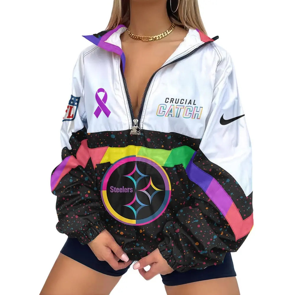 Pittsburgh Steelers | Premium Crucial Catch V-Neck Zipper Sweatshirt Jackets – HuddleStyle.com - Image 2