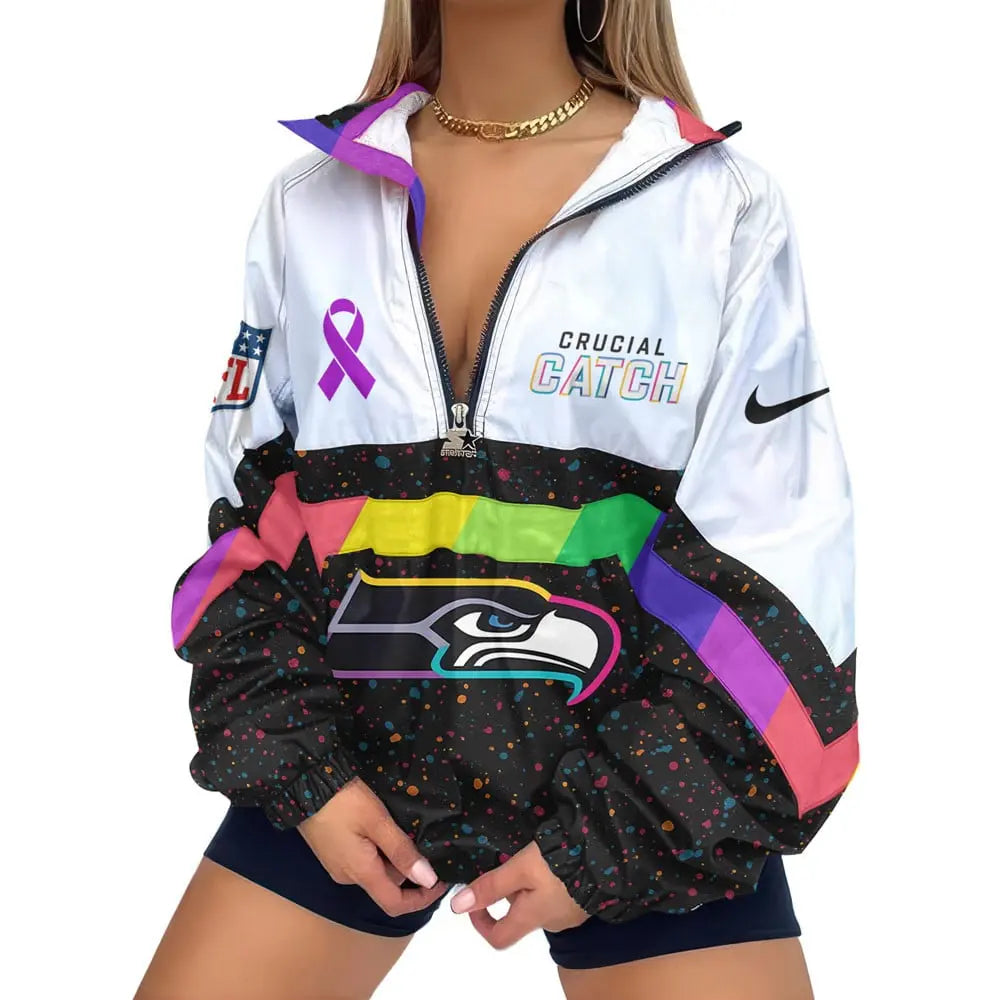 Seattle Seahawks | Premium Crucial Catch V-Neck Zipper Sweatshirt Jackets – HuddleStyle.com - Image 2