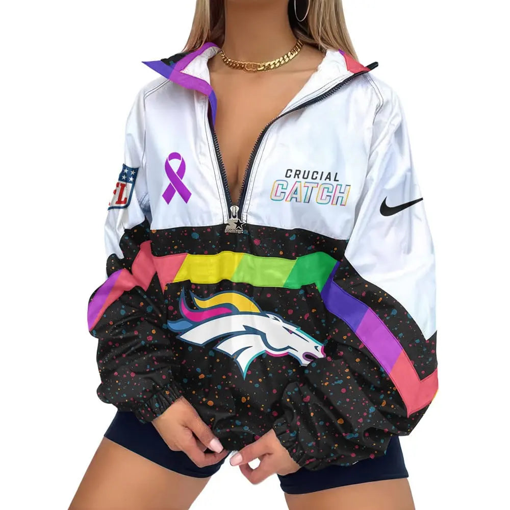 Denver Broncos | Premium Crucial Catch V-Neck Zipper Sweatshirt Jackets – HuddleStyle.com - Image 2