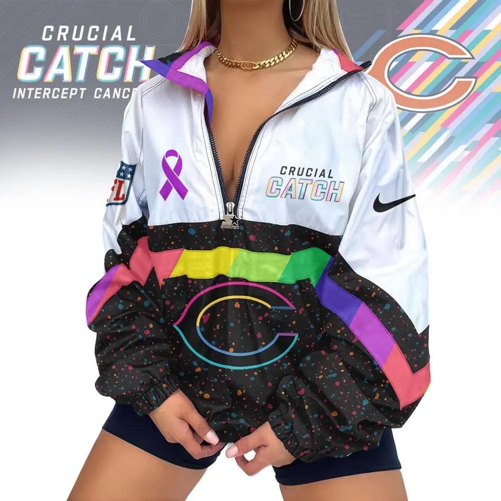 Chicago Bears | Premium Crucial Catch V-Neck Zipper Sweatshirt Jackets – HuddleStyle.com - Image 2