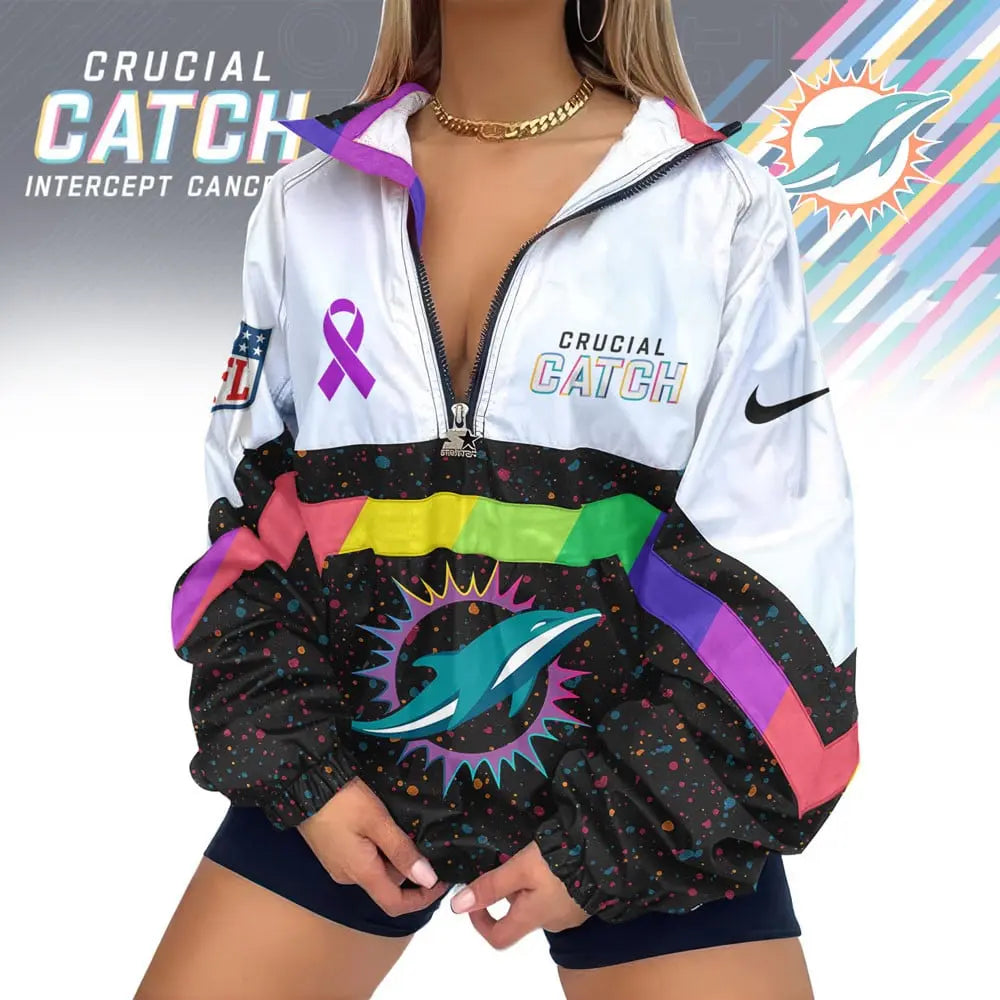 Miami Dolphins | Premium Crucial Catch V-Neck Zipper Sweatshirt Jackets – HuddleStyle.com - Image 2