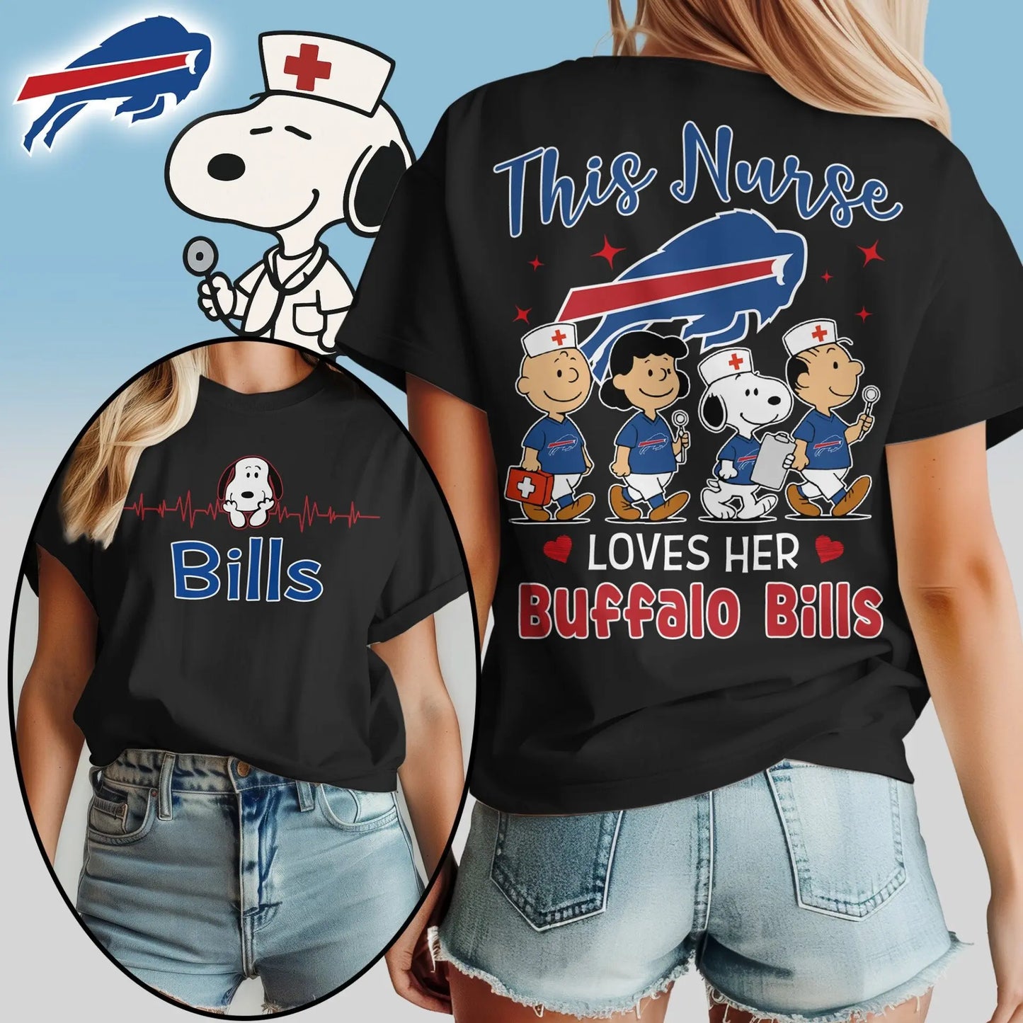 Buffalo Bills | Premium NFL Peanuts Snoopy Fan Nurse Appreciation Woman Shirt NY – HuddleStyle.com - Image 2