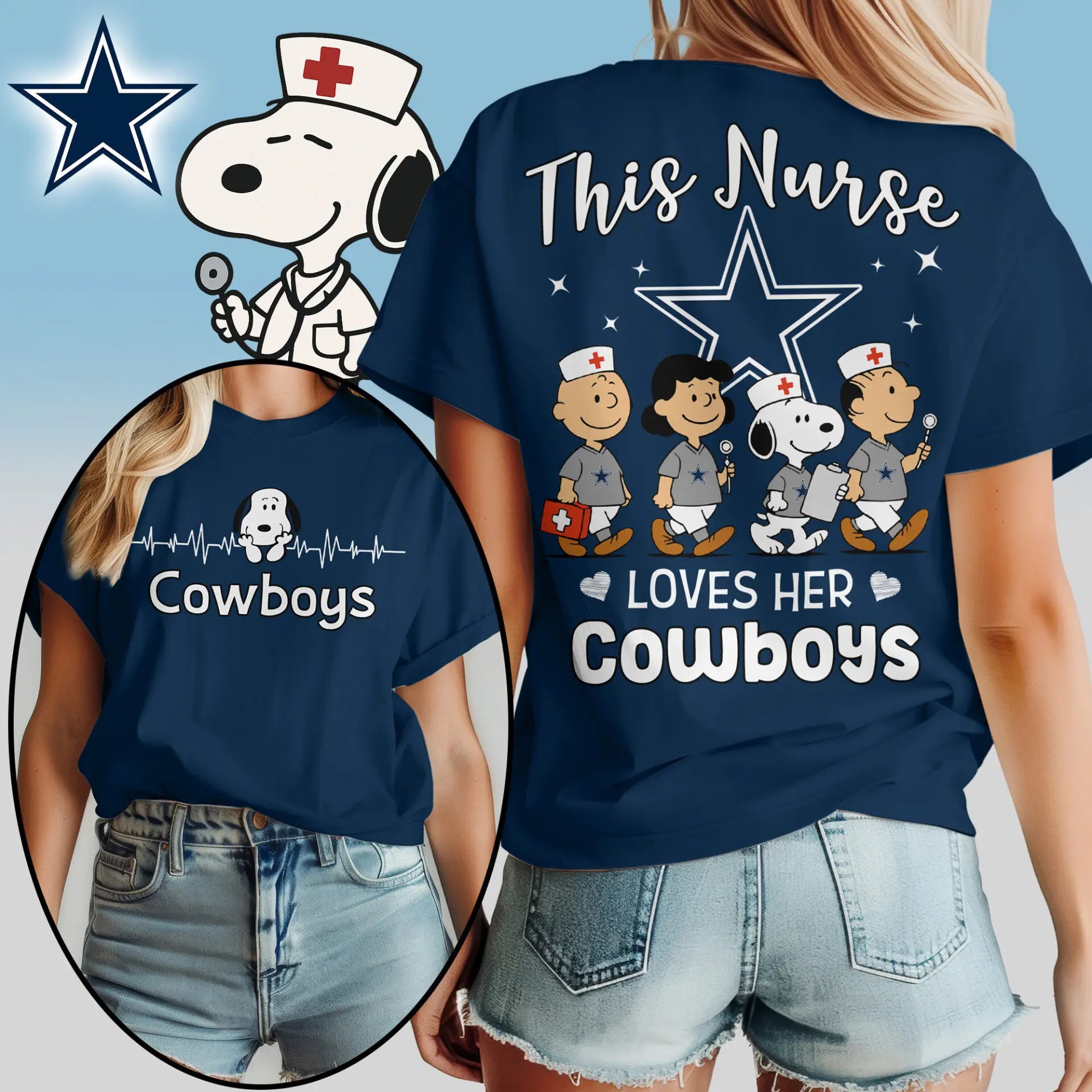 Dallas Cowboys | Premium NFL Peanuts Snoopy Fan Nurse Appreciation Woman Shirt NY – HuddleStyle.com - Image 3