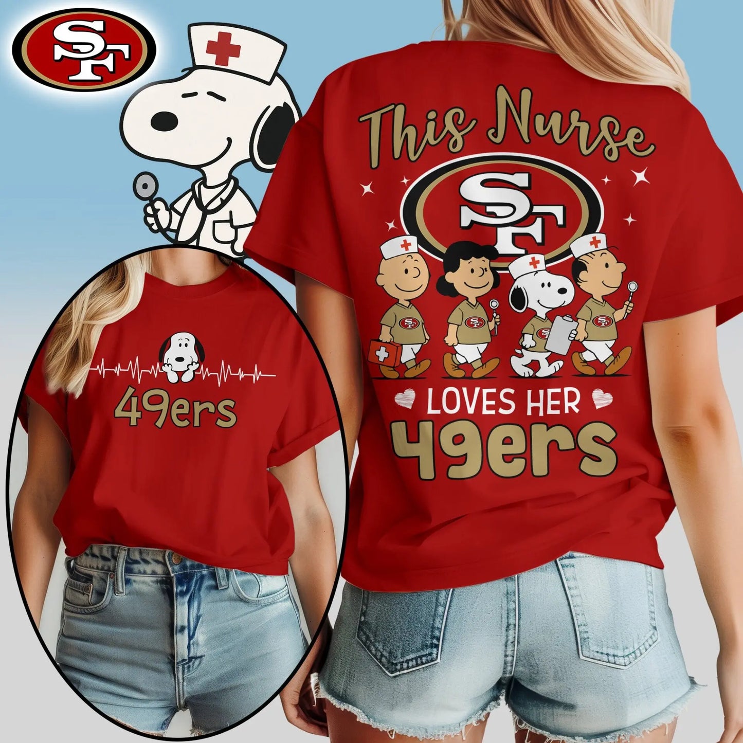 San Francisco 49ers | Premium NFL Snoopy Nurse Appreciation Woman Shirt – HuddleStyle.com - Image 4