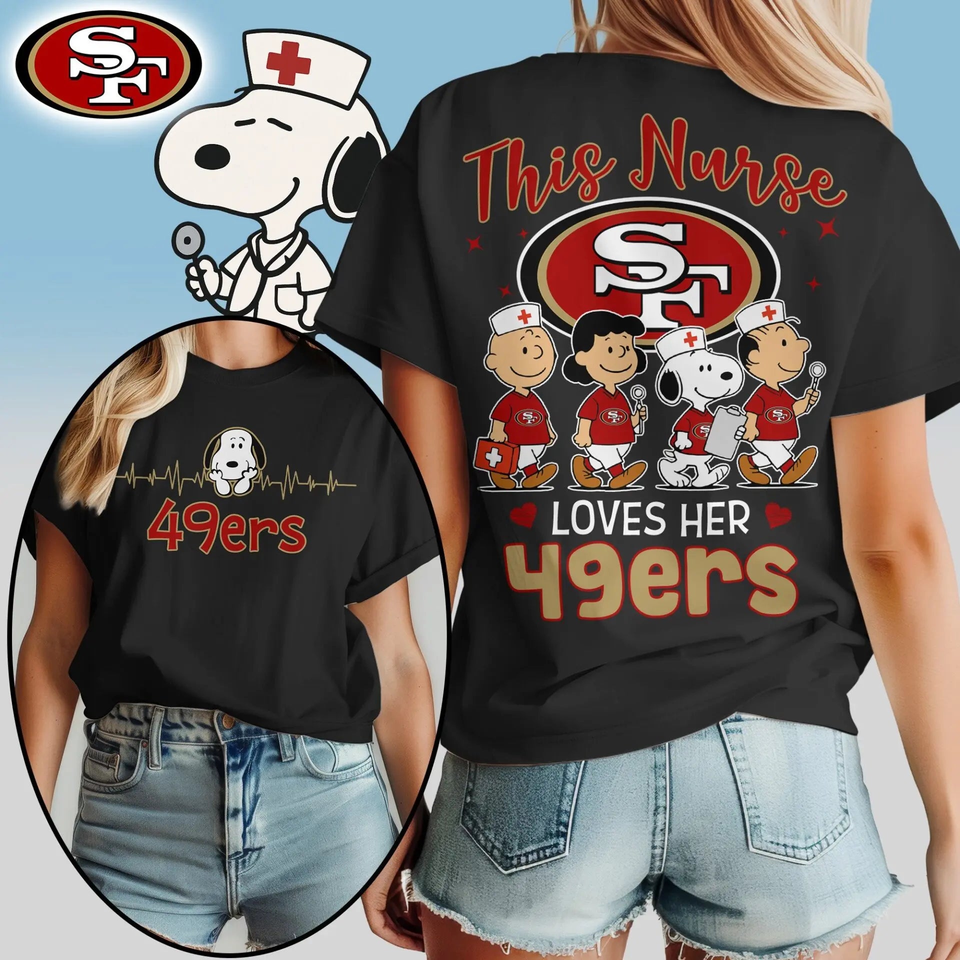 San Francisco 49ers | Premium NFL Peanuts Snoopy Fan Nurse Appreciation Woman Shirt NY – HuddleStyle.com - Image 2