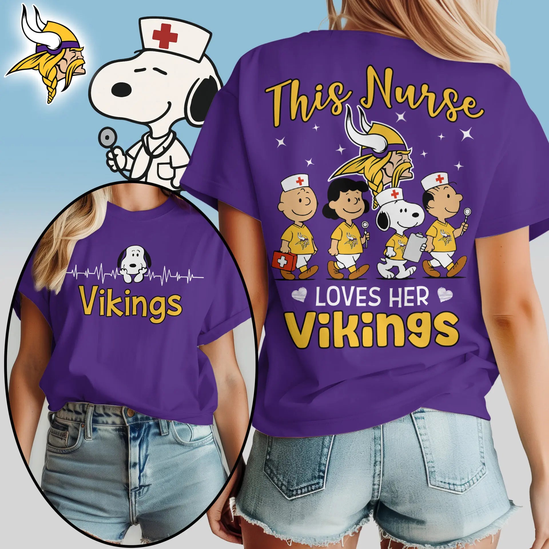 Minnesota Vikings | Premium NFL Peanuts Snoopy Fan Nurse Appreciation Woman Shirt NY – HuddleStyle.com - Image 4