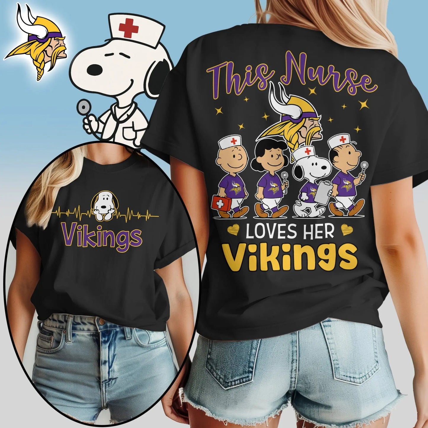 Minnesota Vikings | Premium NFL Peanuts Snoopy Fan Nurse Appreciation Woman Shirt NY – HuddleStyle.com - Image 2