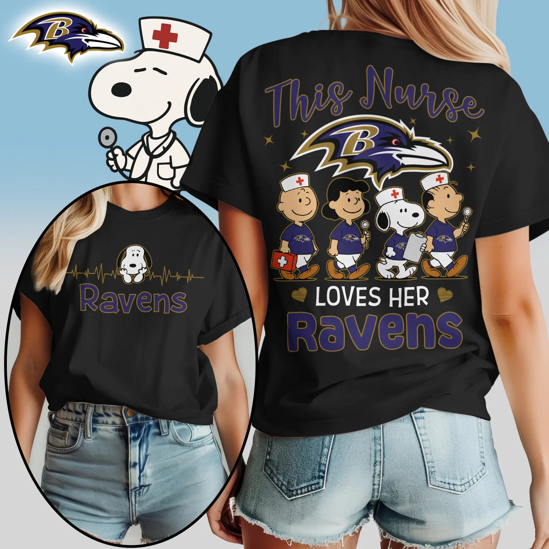 Baltimore Ravens | Premium NFL Snoopy Nurse Appreciation Woman Shirt – HuddleStyle.com - Image 3