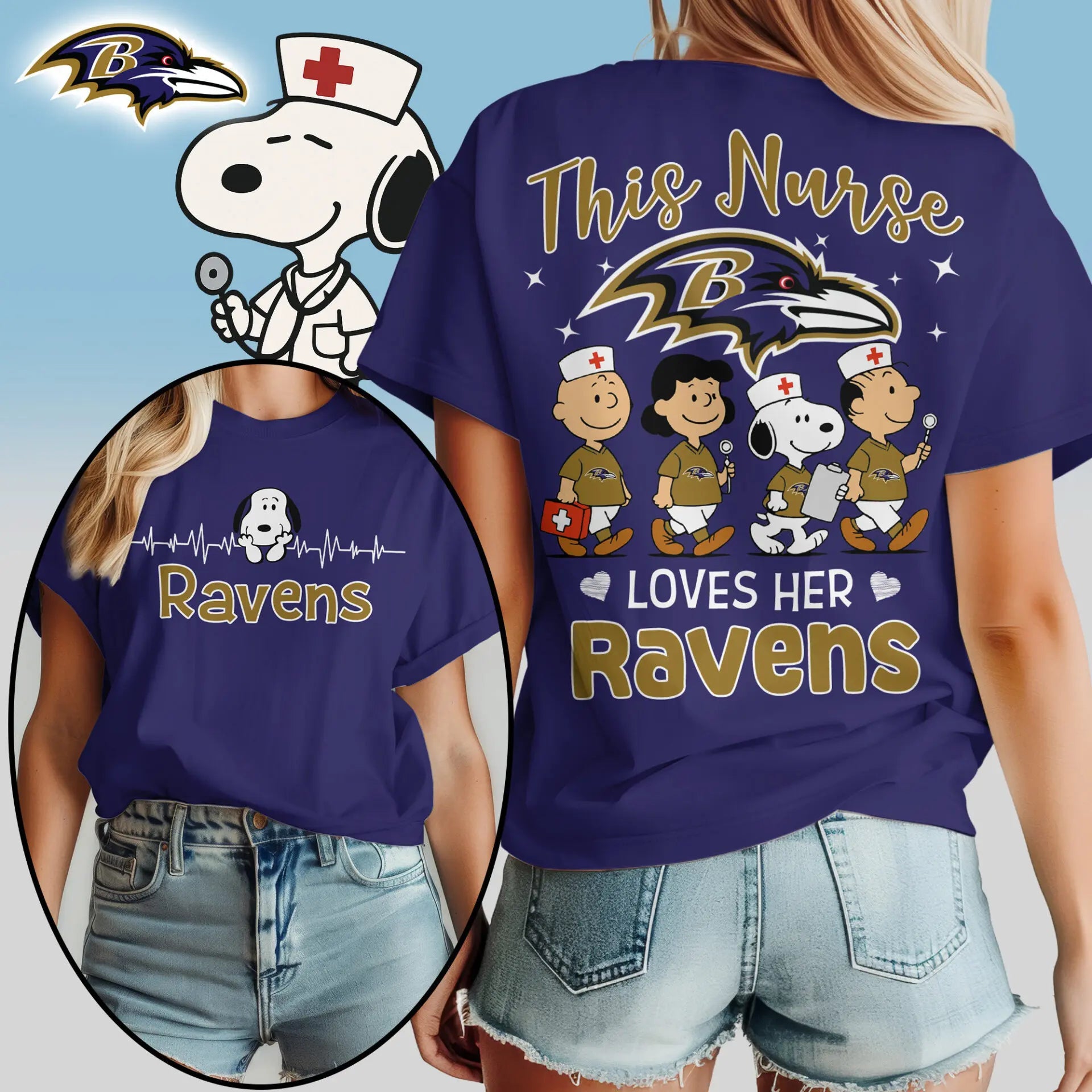 Baltimore Ravens | Premium NFL Snoopy Nurse Appreciation Woman Shirt – HuddleStyle.com - Main