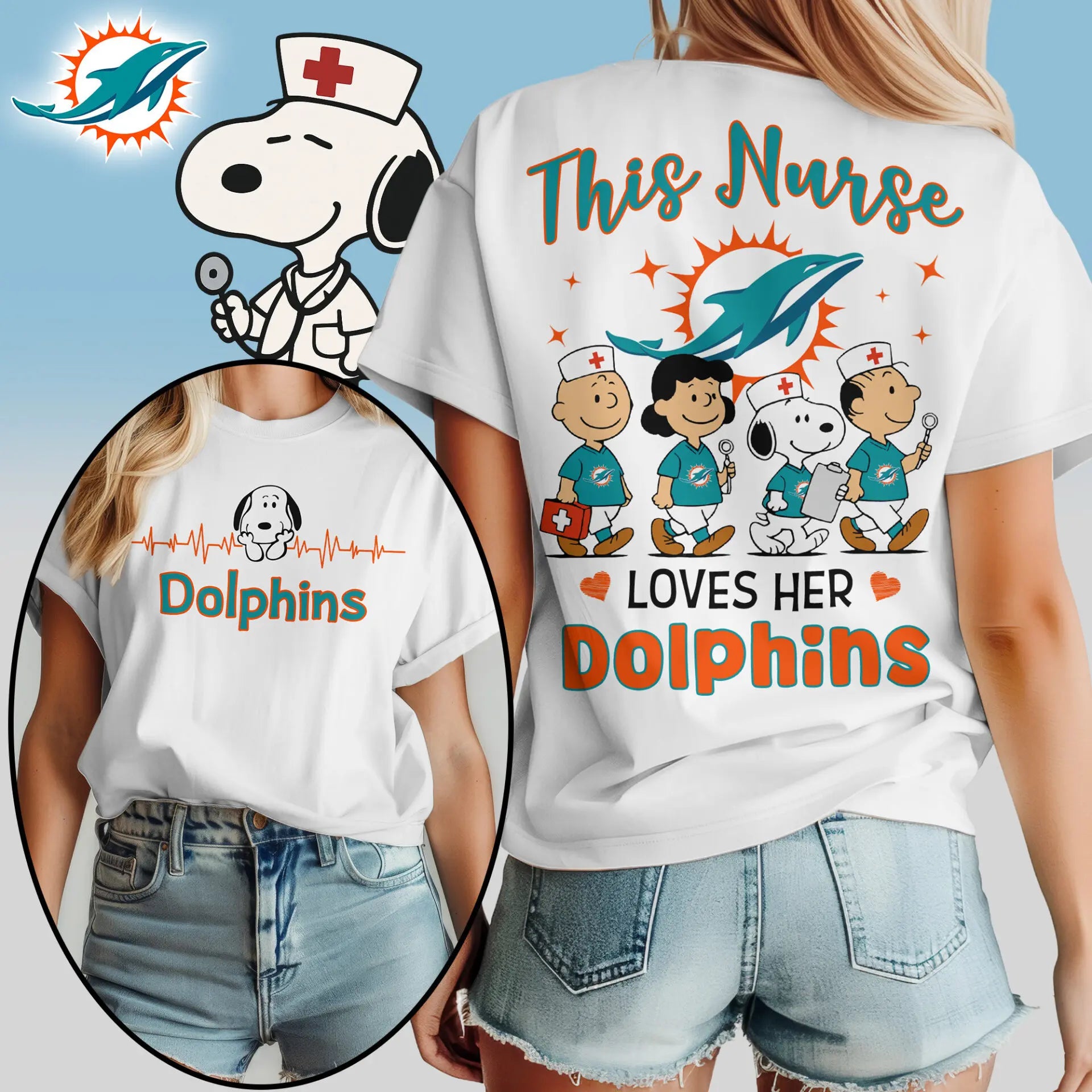 Miami Dolphins | Premium NFL Peanuts Snoopy Fan Nurse Appreciation Woman Shirt NY – HuddleStyle.com - Main